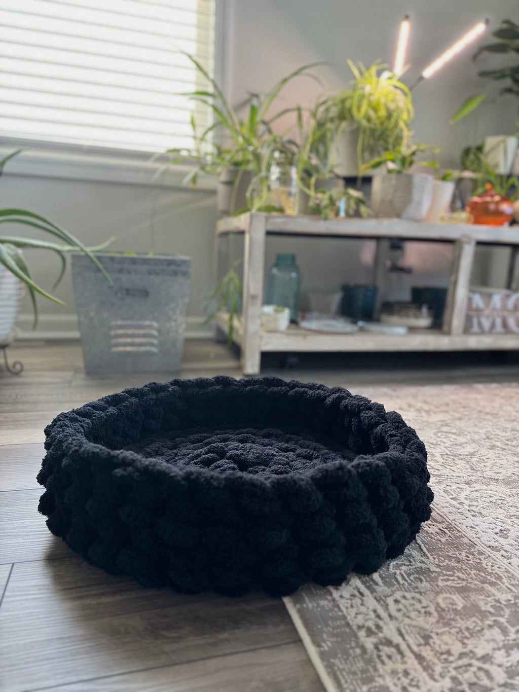 Black Chunky Crochet Yarn Knit Round Pet Bed for Cat or Dog Custom Handmade Gift