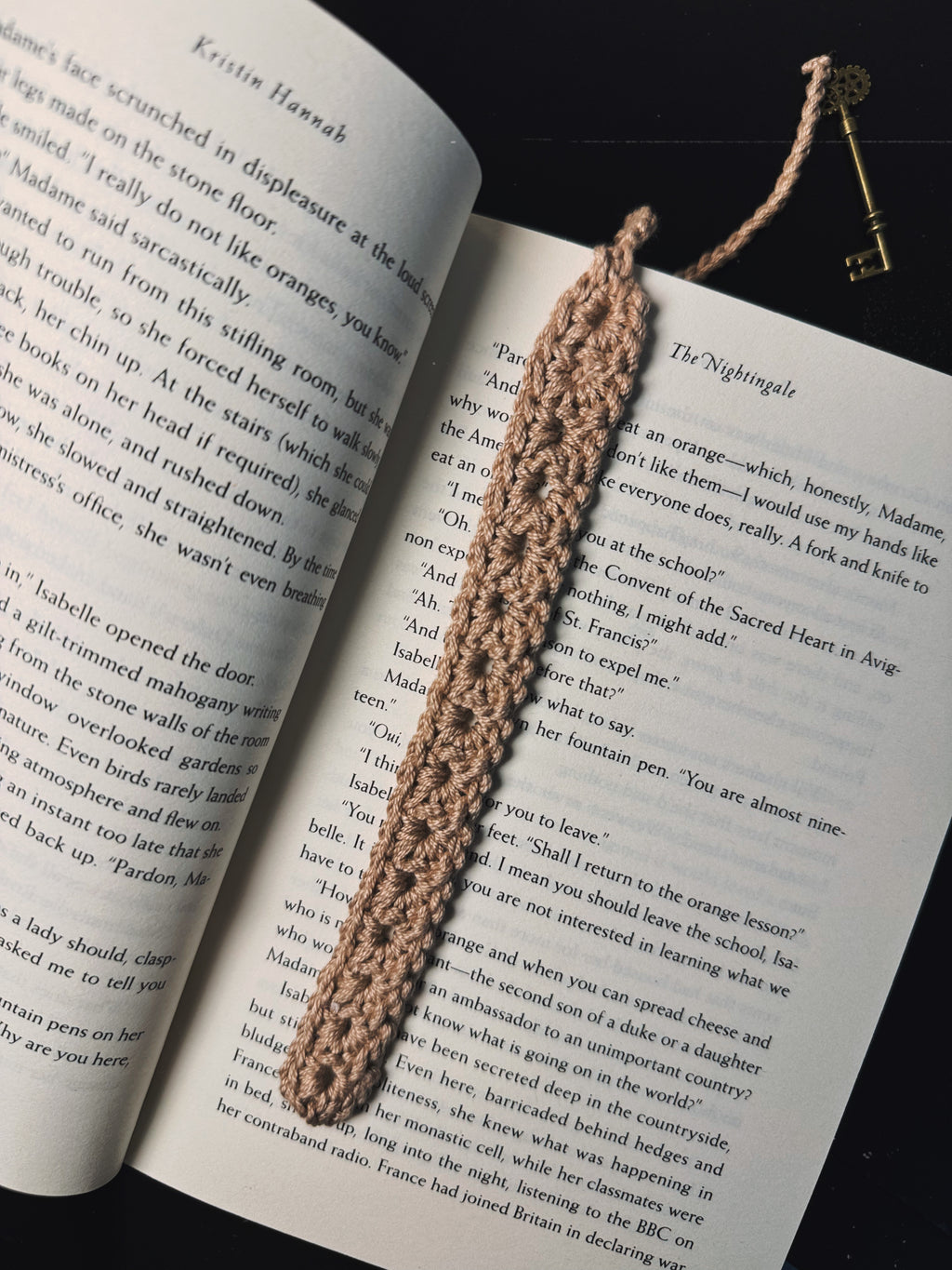 Brown Handmade Crochet Key Charm Bookmark in Book for Size Reference