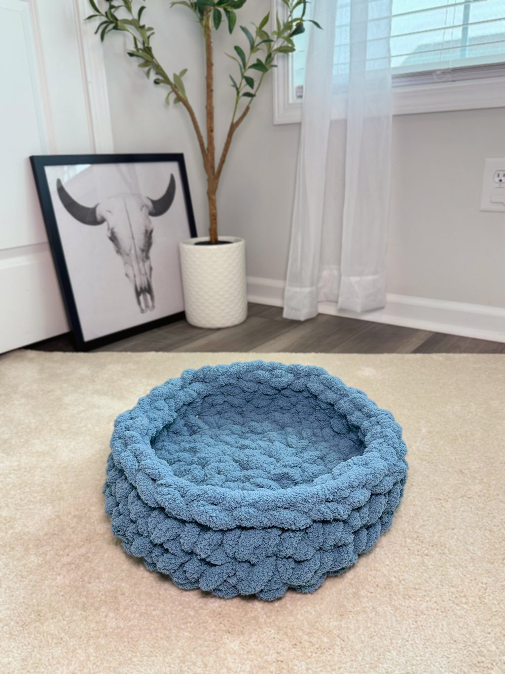 Chunky Yarn Round Blue Crochet Knit Pet Bed for Dog or Cat No Insert Custom Handmade Gift 