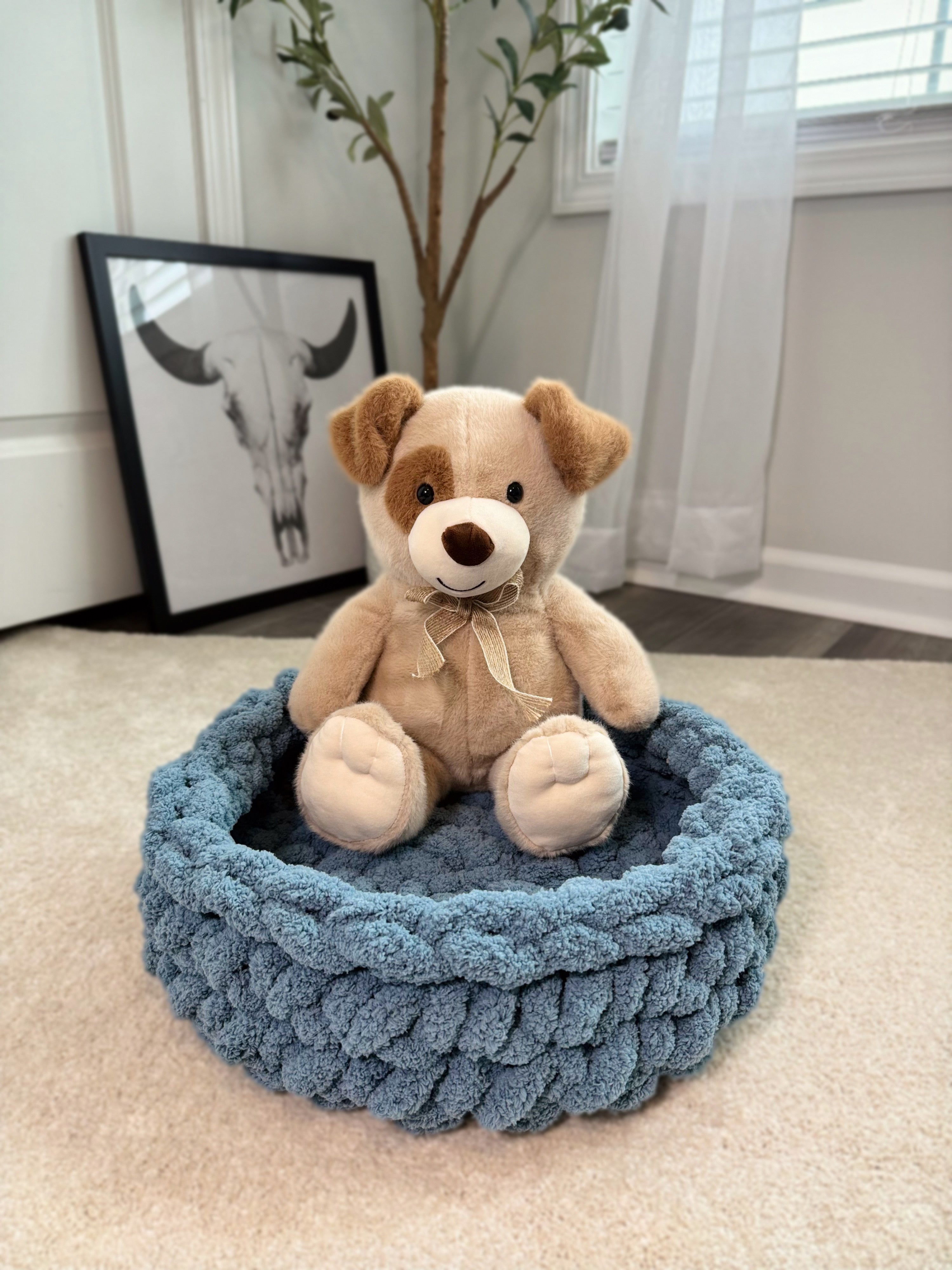 Chunky Yarn Round Blue Crochet Knit Pet Bed for Dog or Cat with No Insert Custom Handmade Gift with Teddy Bear for Reference
