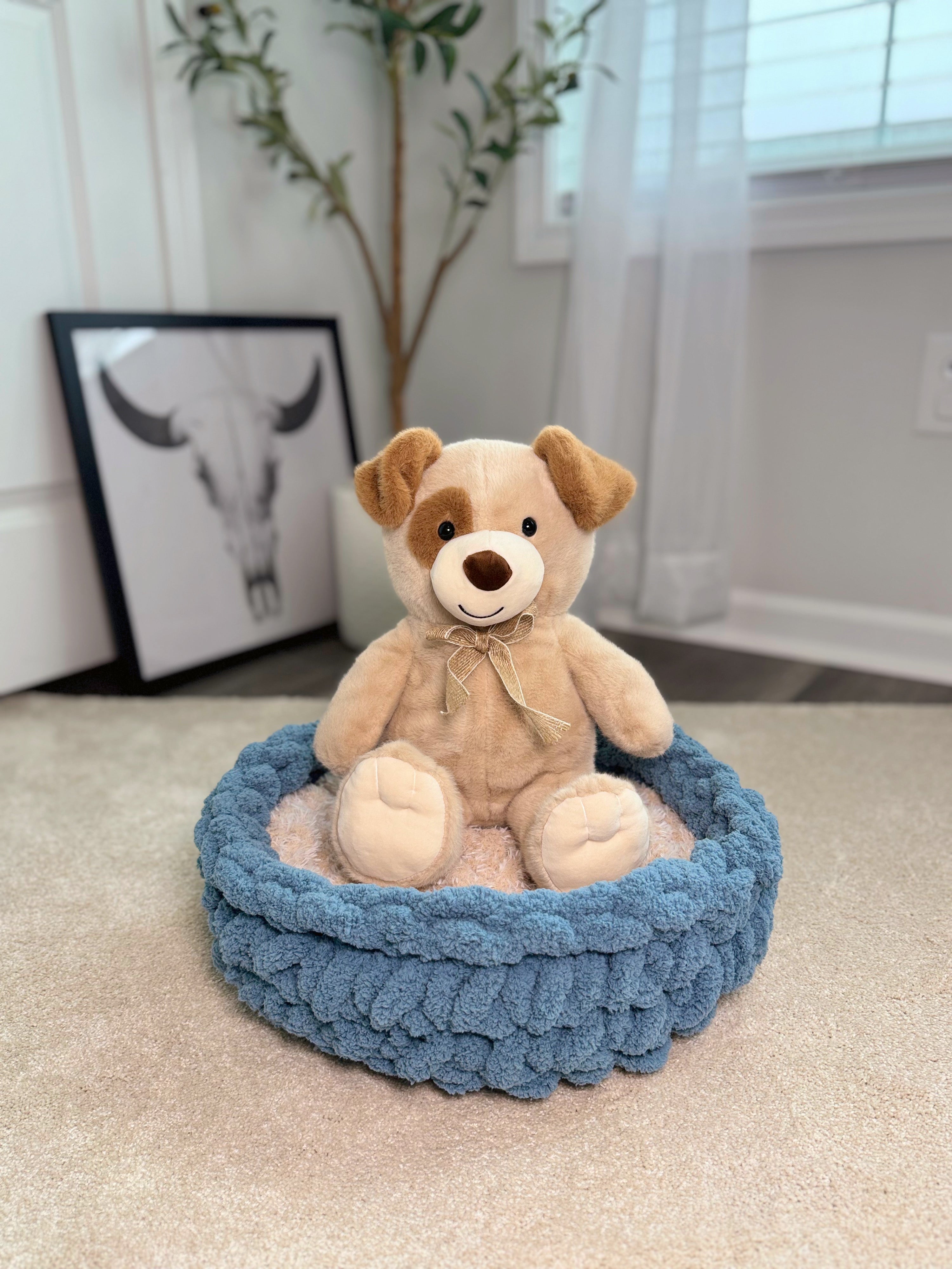 Chunky Yarn Round Blue Crochet Knit Pet Bed for Dog or Cat with Fuzzy Beige Insert Custom Handmade Gift with Teddy Bear for Reference