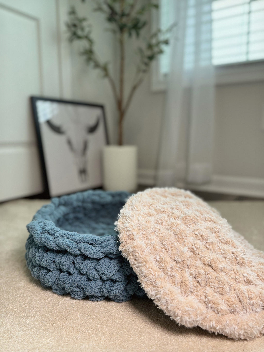 Chunky Yarn Round Blue Crochet Knit Pet Bed for Dog or Cat with Fuzzy Beige Removable Insert Custom Handmade Gift with Teddy Bear for Reference