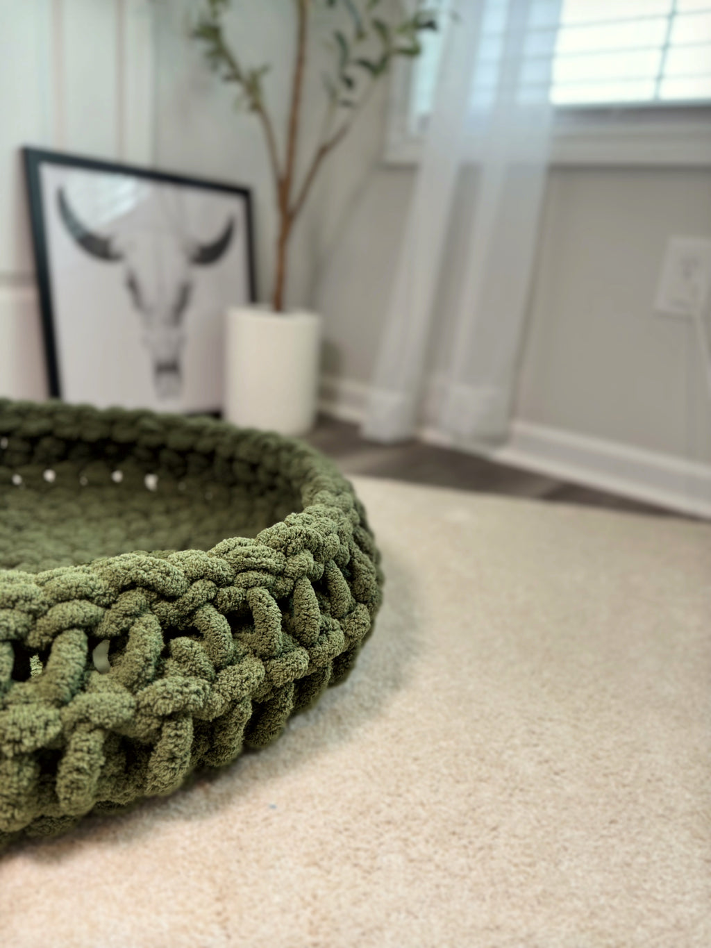 Chunky Yarn Round Crochet Handmade Custom Olive Green Pet Bed No Insert Pattern