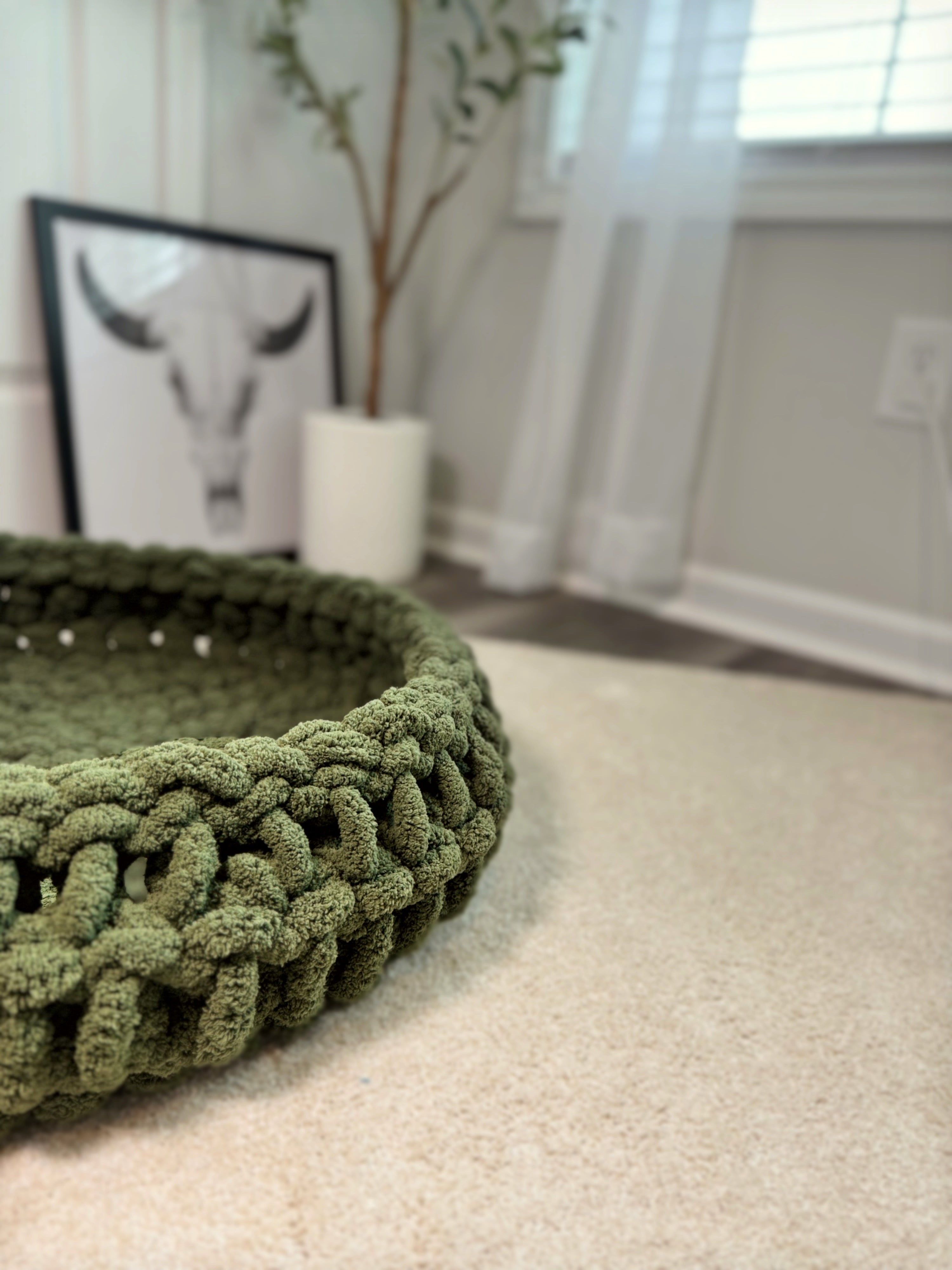 Chunky Yarn Round Crochet Handmade Custom Olive Green Pet Bed No Insert Pattern