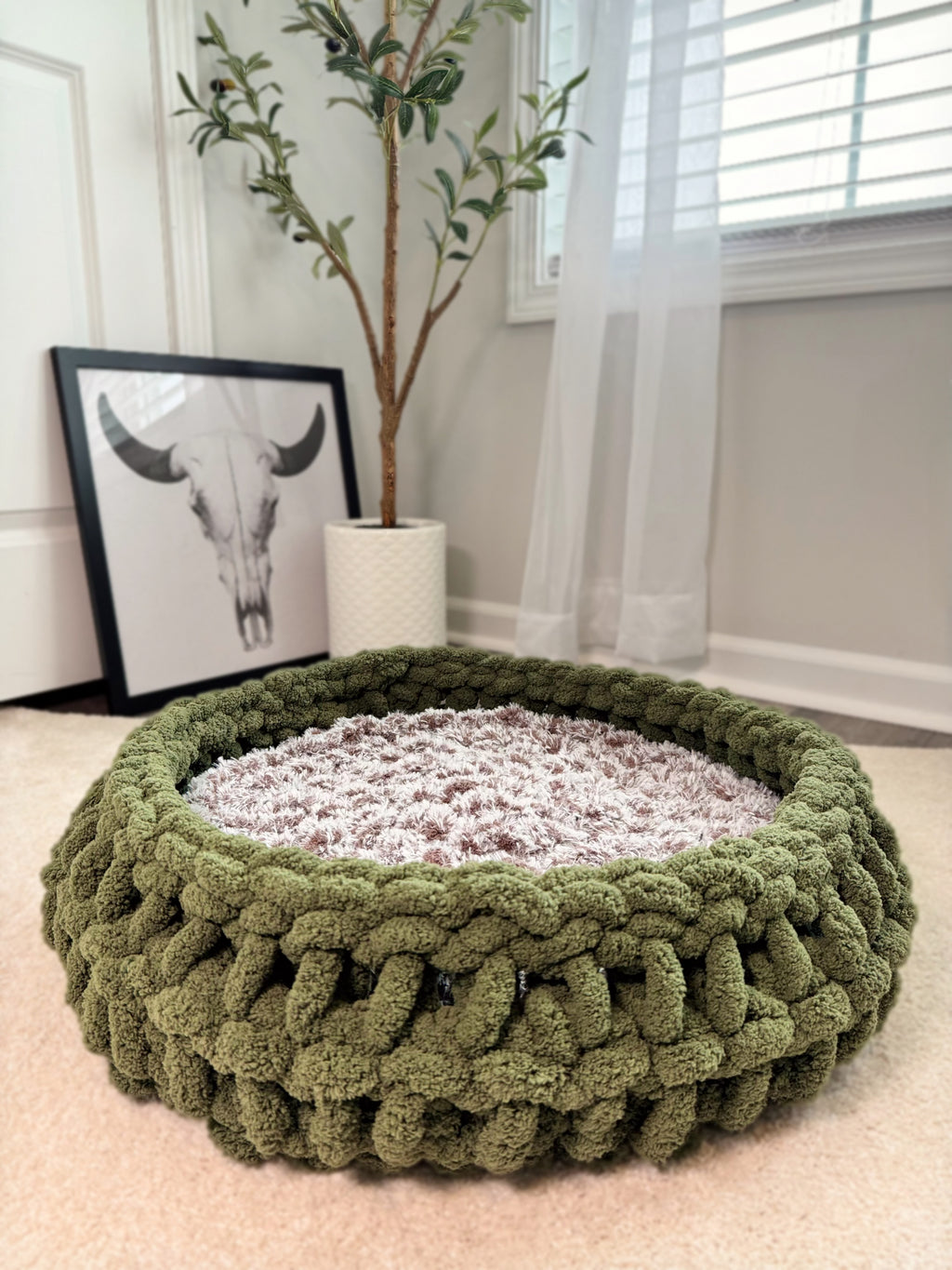 Chunky Yarn Round Crochet Pet Bed Olive Green with Fuzzy Removable Insert Custom Handmade Gift for Cat or Dog