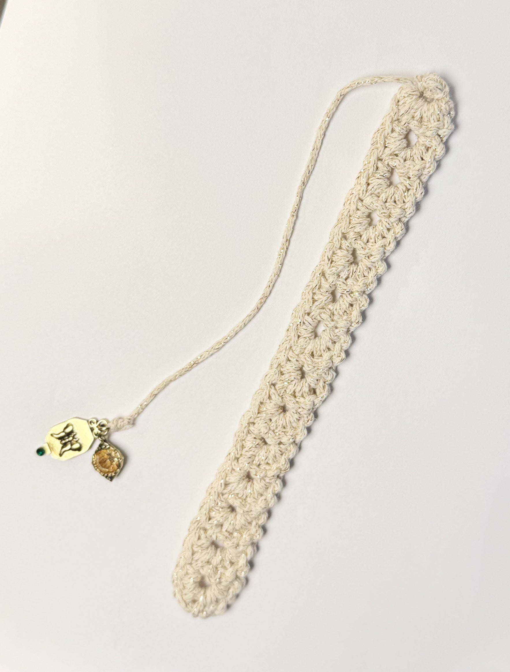 Cream Handmade Crochet Bookmark with Gold Specs and Gold Charms
