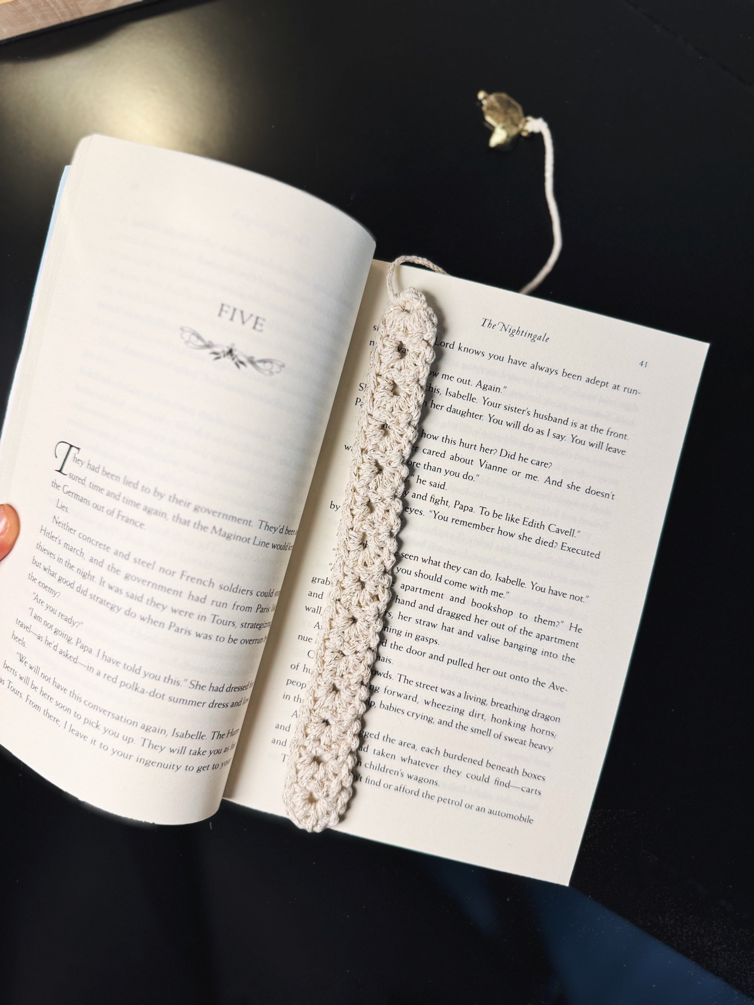 Cream with Gold Specs Handmade Crochet Bookmark in Book for Size Reference
