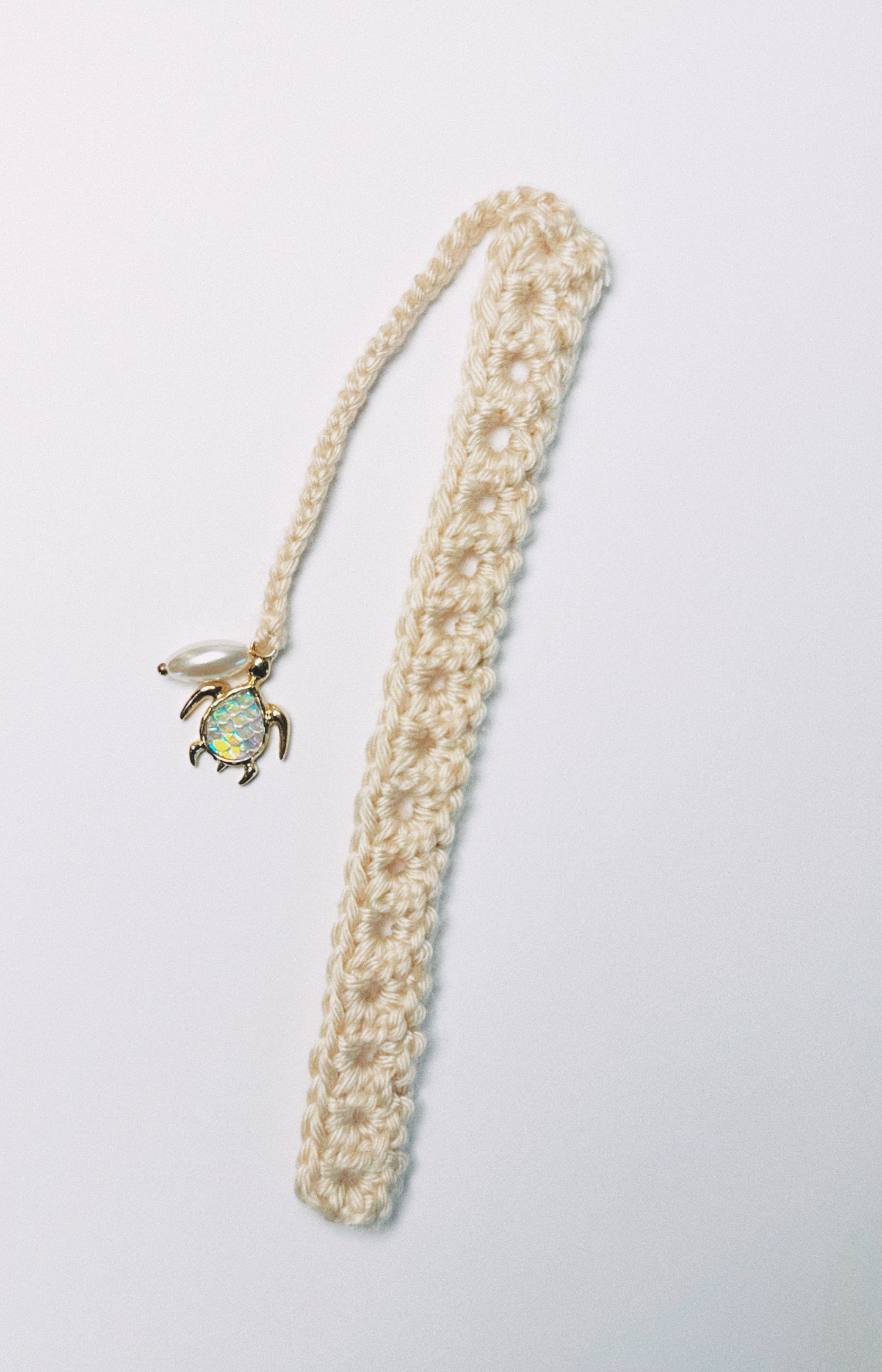 Cream Handmade Crochet Turtle Seashell Bookmark with Charms