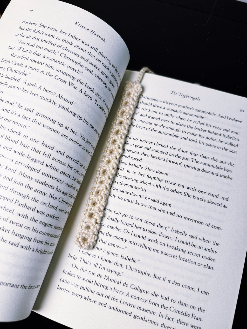 Cream Handmade Crochet Turtle Seashell Bookmark with Charms in Book for Size Reference