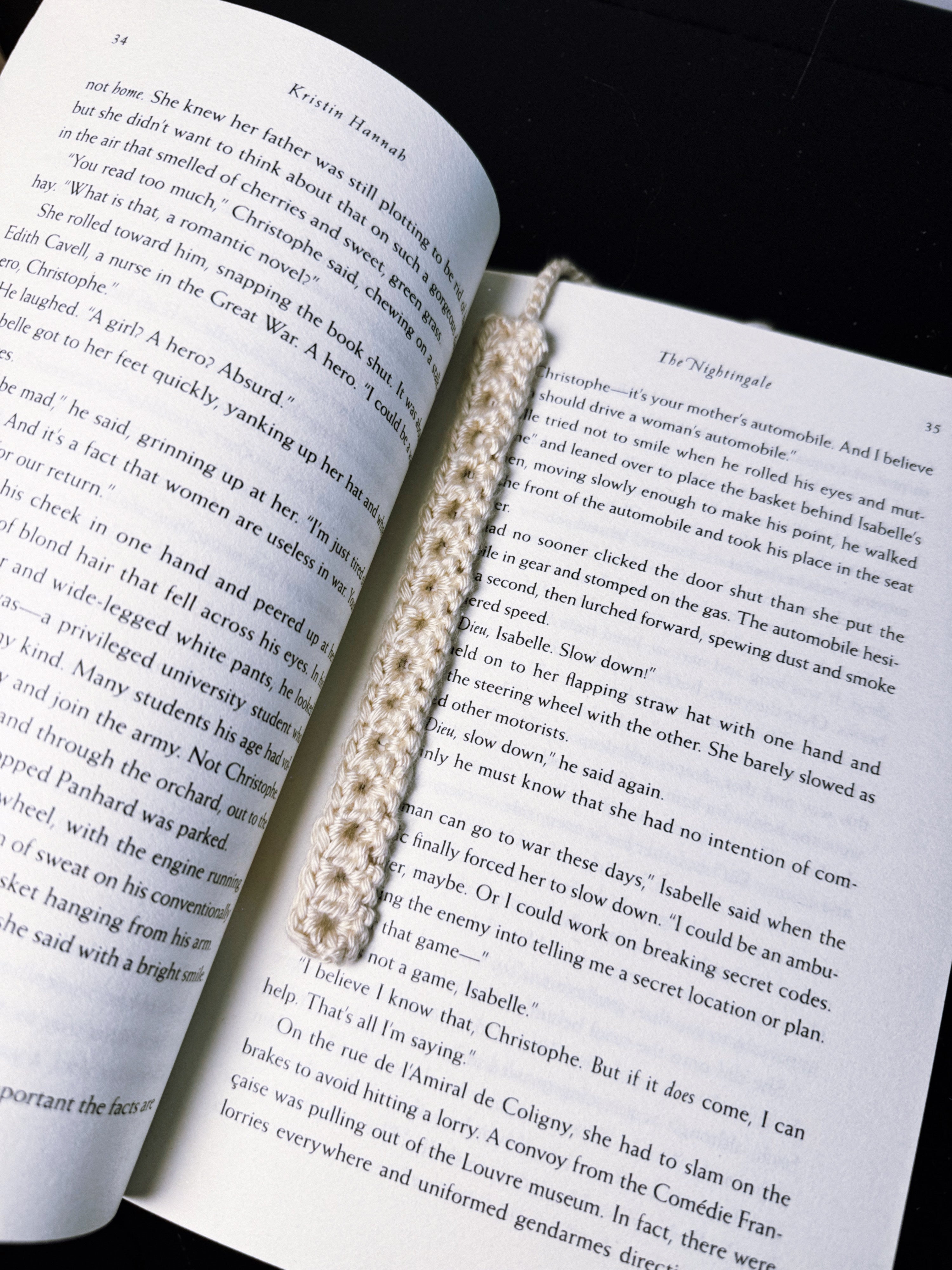 Cream Handmade Crochet Turtle Seashell Bookmark with Charms in Book for Size Reference