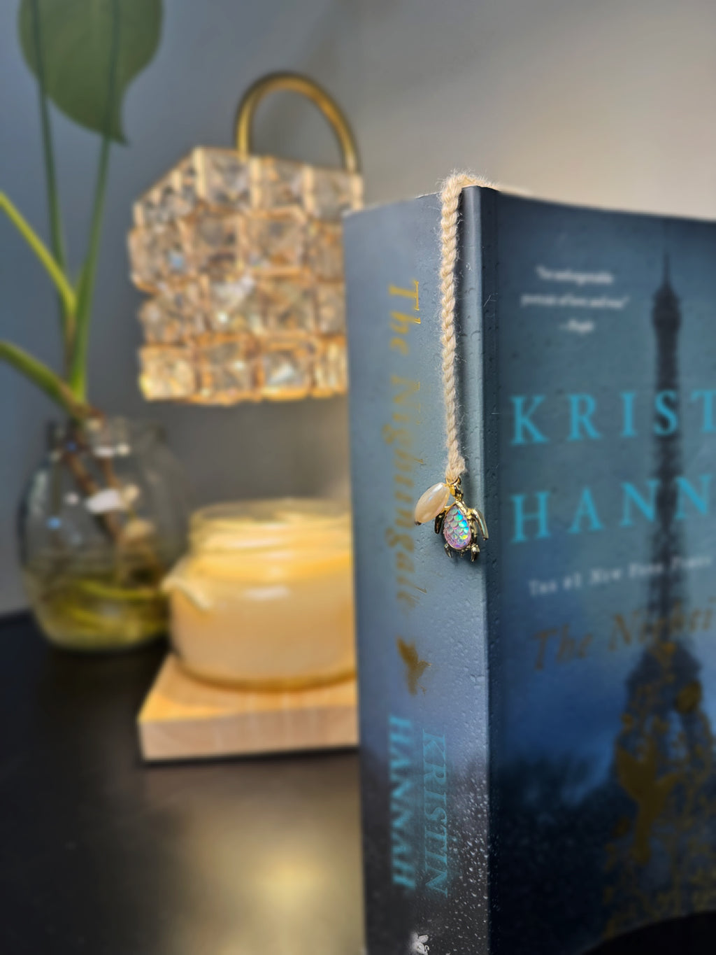 Cream Handmade Crochet Turtle Seashell Bookmark with Charms in Book for Size Reference Dangling Chain and Charms