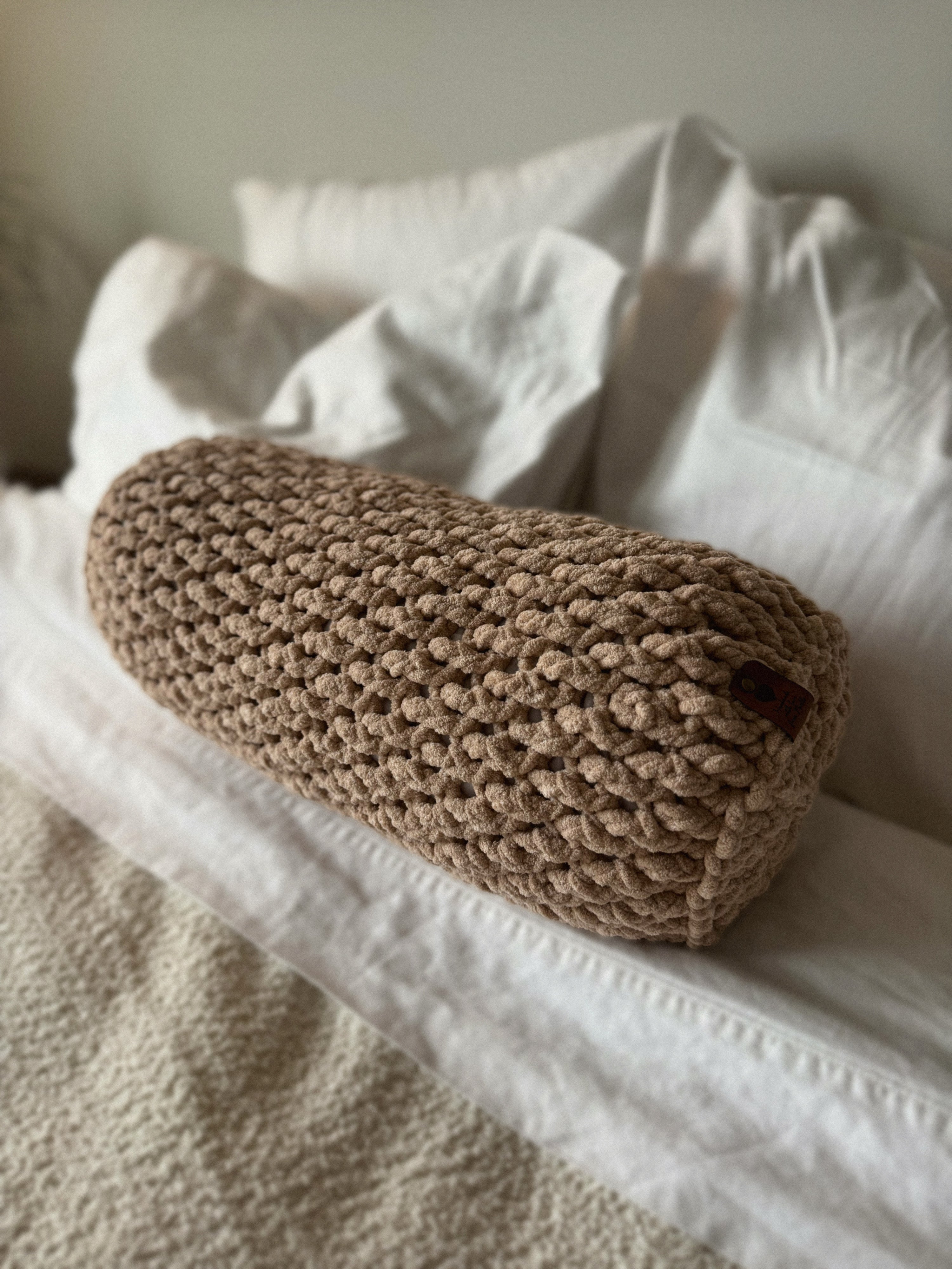 Cylindrical Bolster Lumbar Pillow Khaki Brown Crochet Handmade Custom Gift