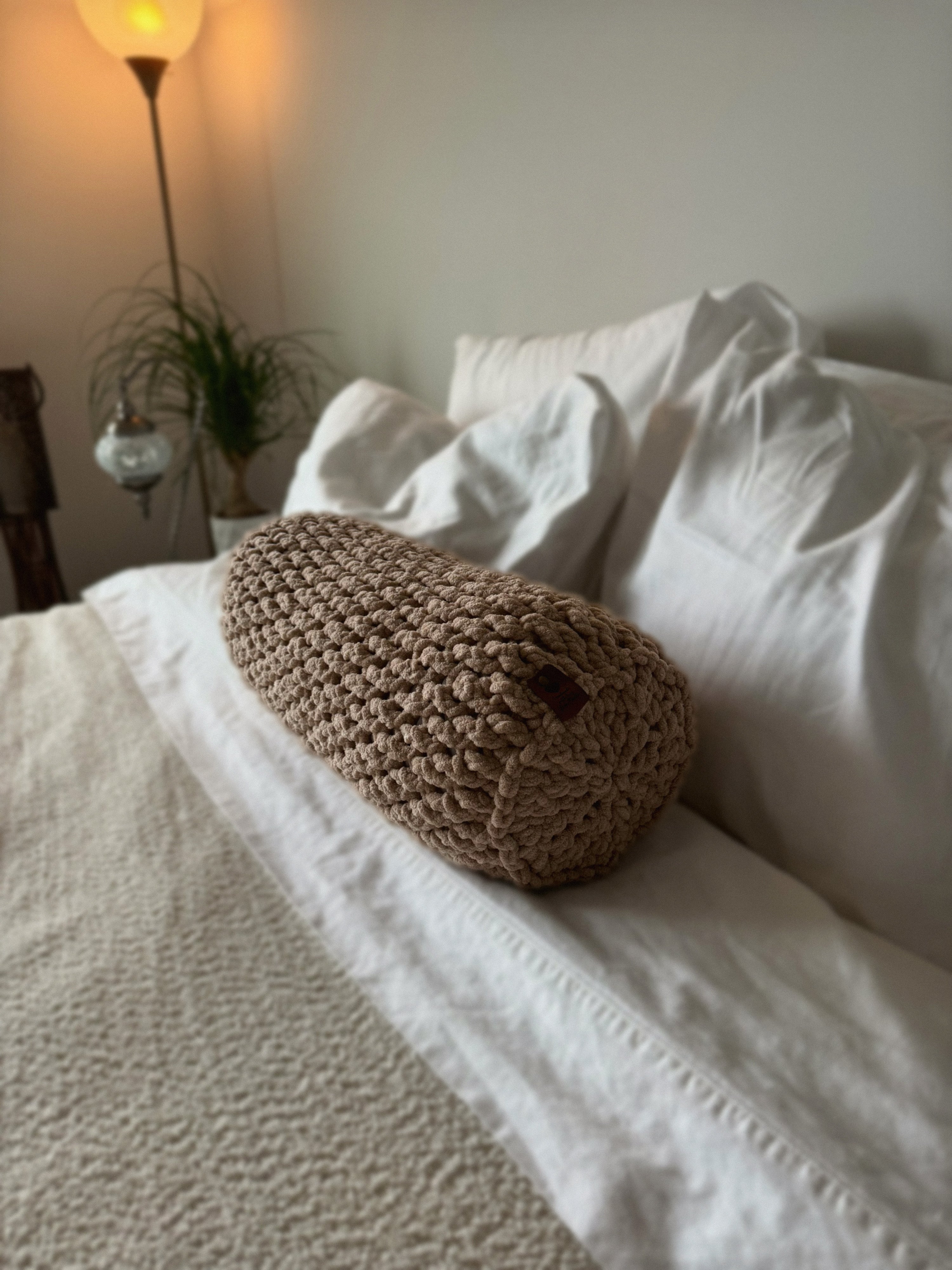 Cylindrical Bolster Lumbar Pillow Khaki Crochet Handmade Custom Gift