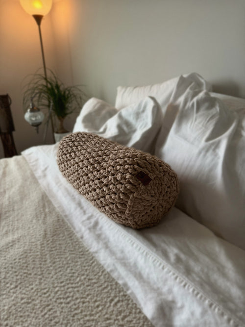 Cylindrical Bolster Lumbar Pillow Khaki Crochet Handmade Custom Gift