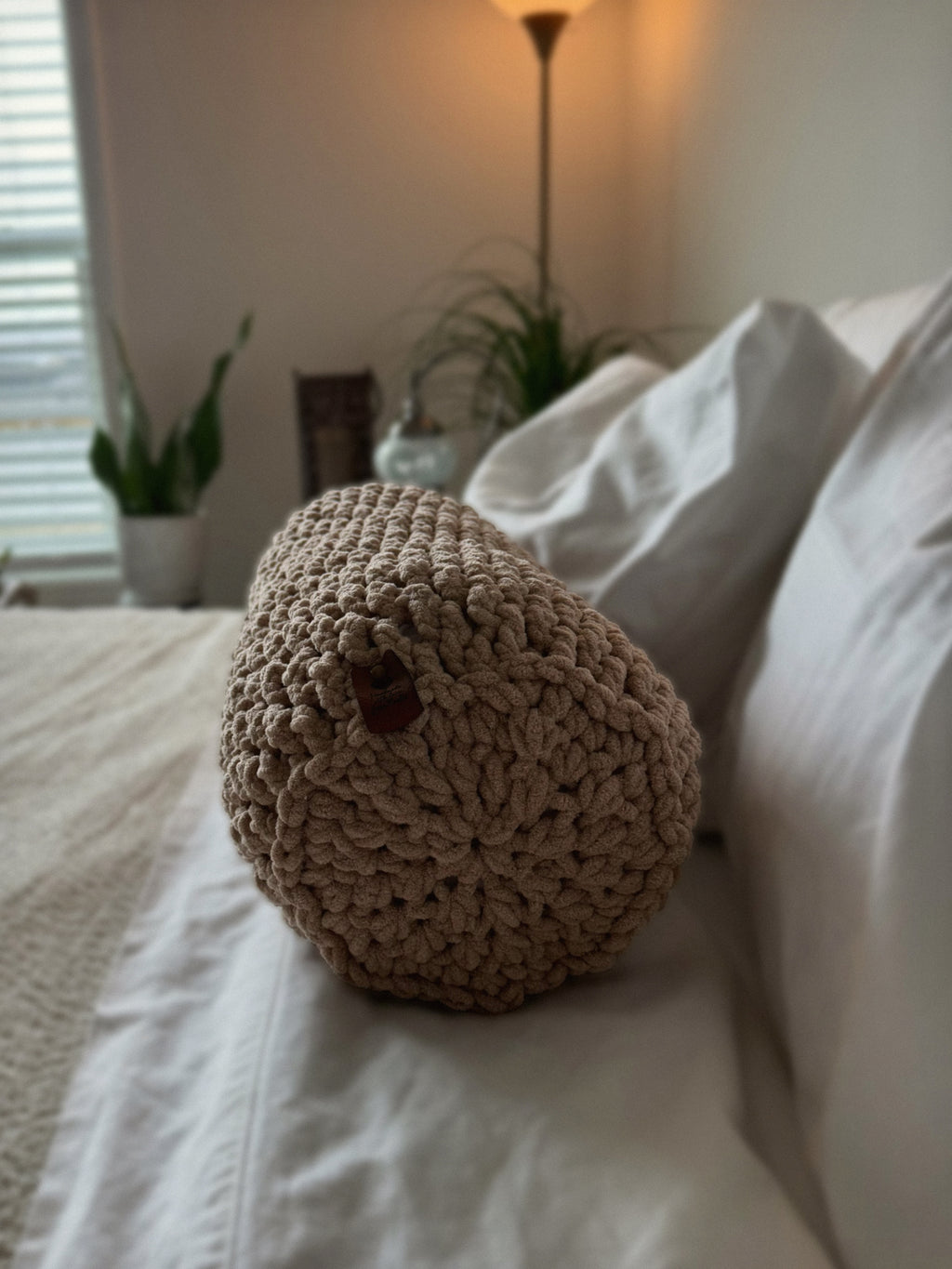 Cylindrical Bolster Lumbar Pillow Khaki Crochet Handmade Custom Gift Side View