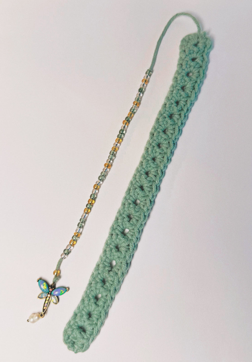 Handmade Custom Dragonfly Sage Green Bookmark with Glass Beaded Chain and Dragonfly Charm