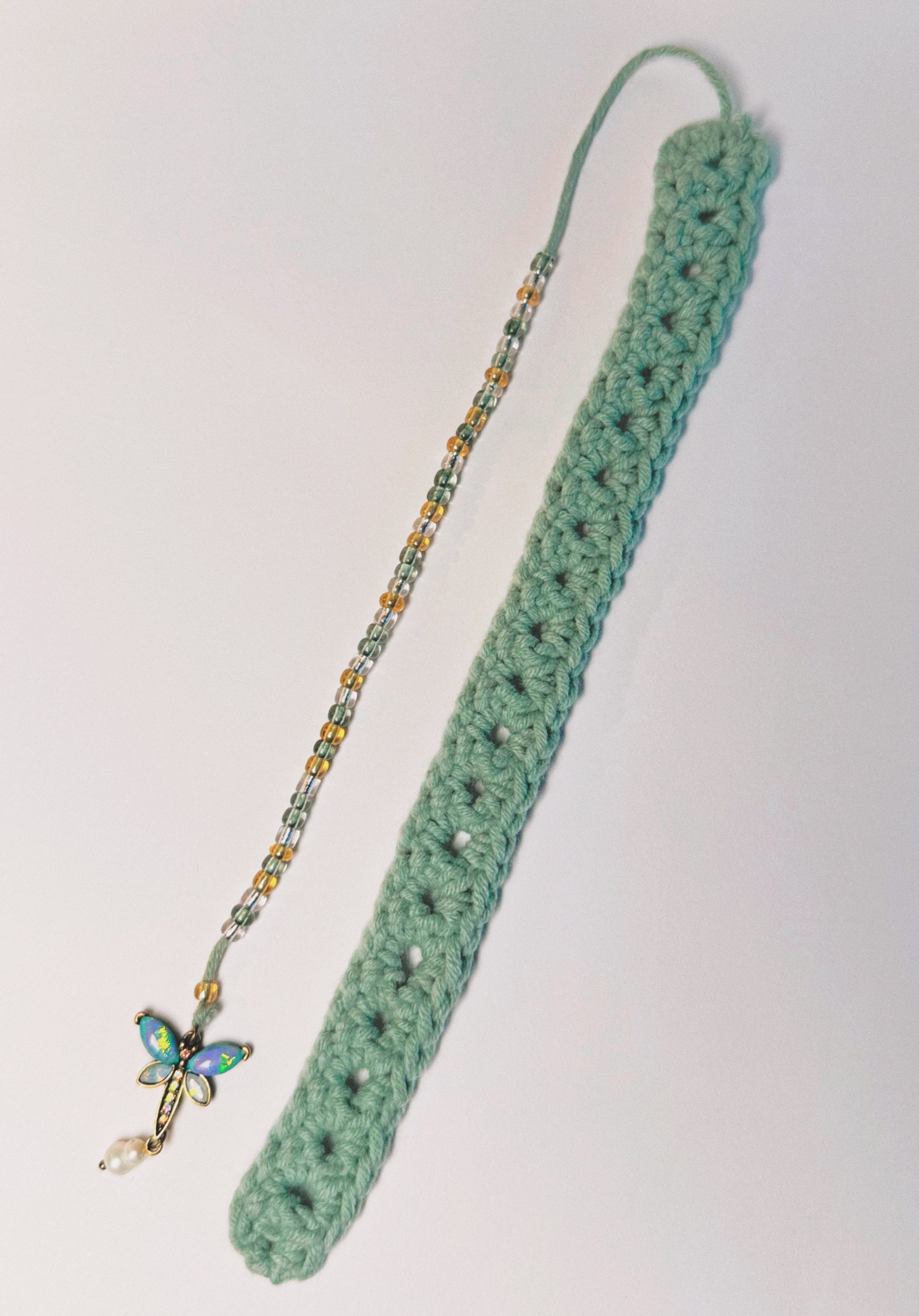Handmade Custom Dragonfly Sage Green Bookmark with Glass Beaded Chain and Dragonfly Charm