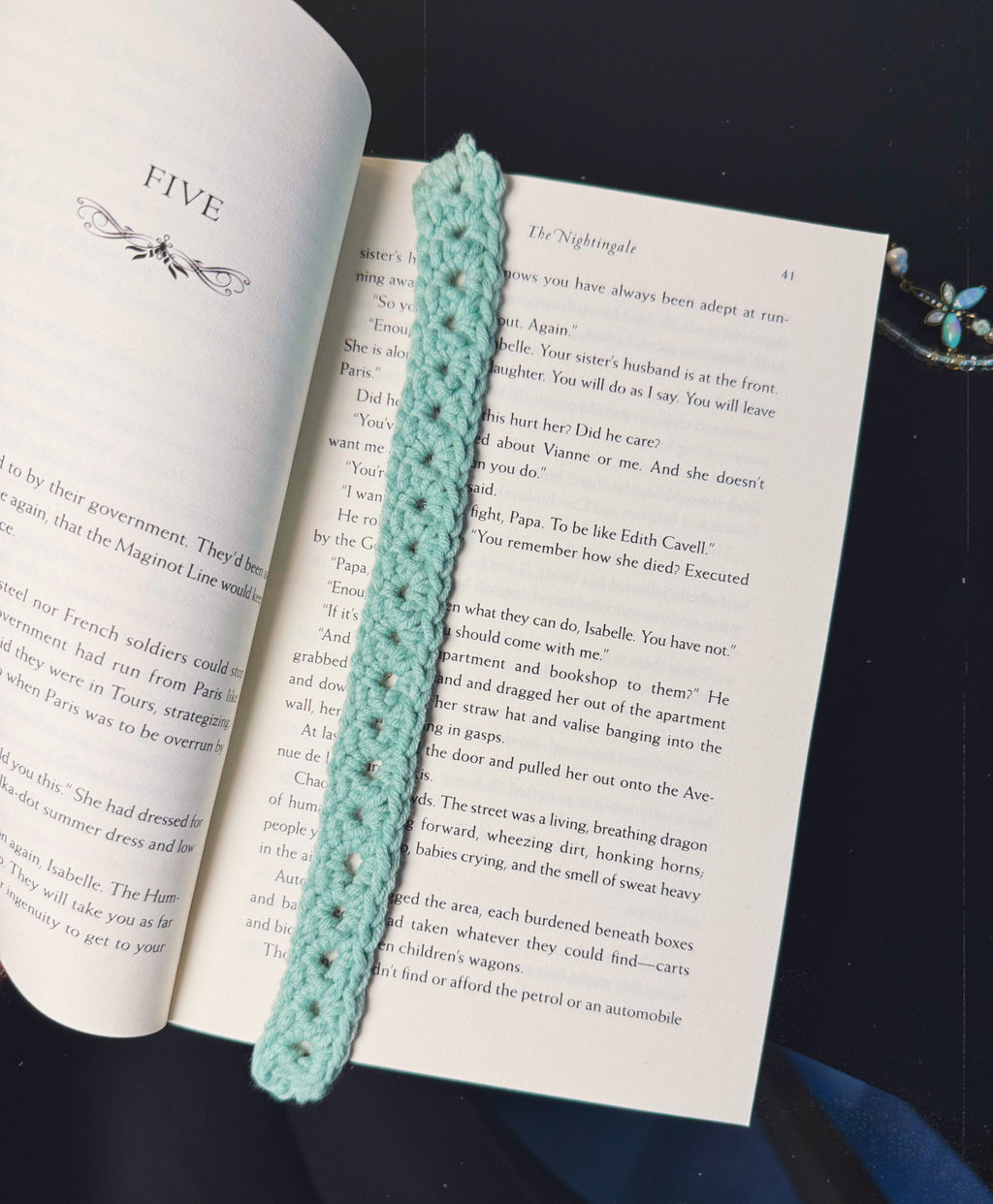 Handmade Custom Dragonfly Sage Green Bookmark with Glass Beaded Chain and Dragonfly Charm in Book for Size Reference