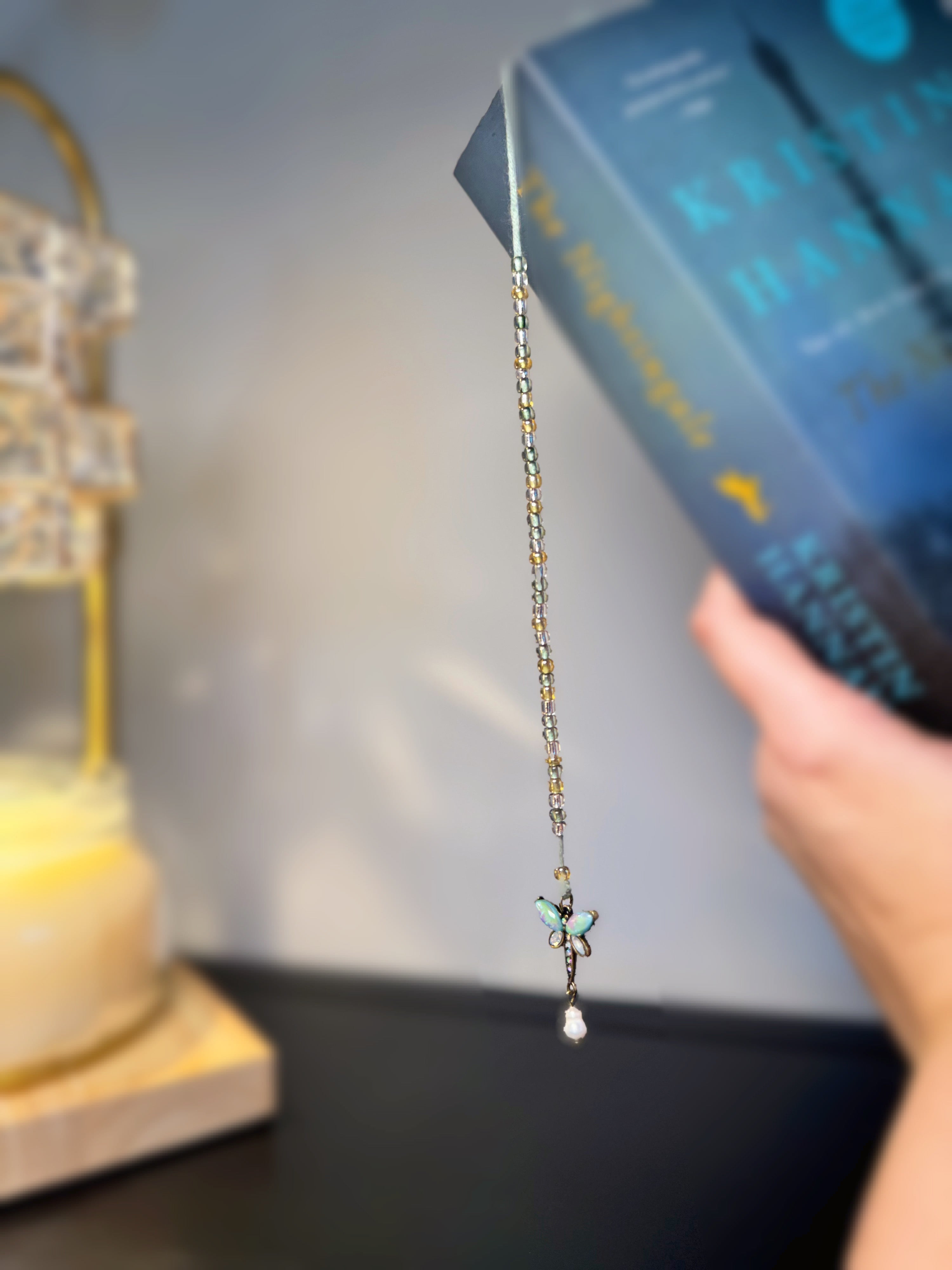 Handmade Custom Dragonfly Sage Green Bookmark with Glass Beaded Chain and Dragonfly Charm in Book for Size Reference Dangling Chain