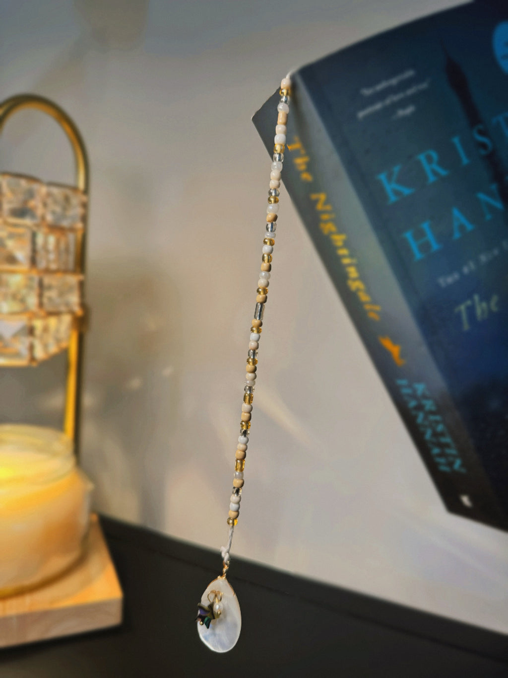 Ivory Beaded Chain with Seashell Charm Crochet Handmade Bookmark Dangling From Book