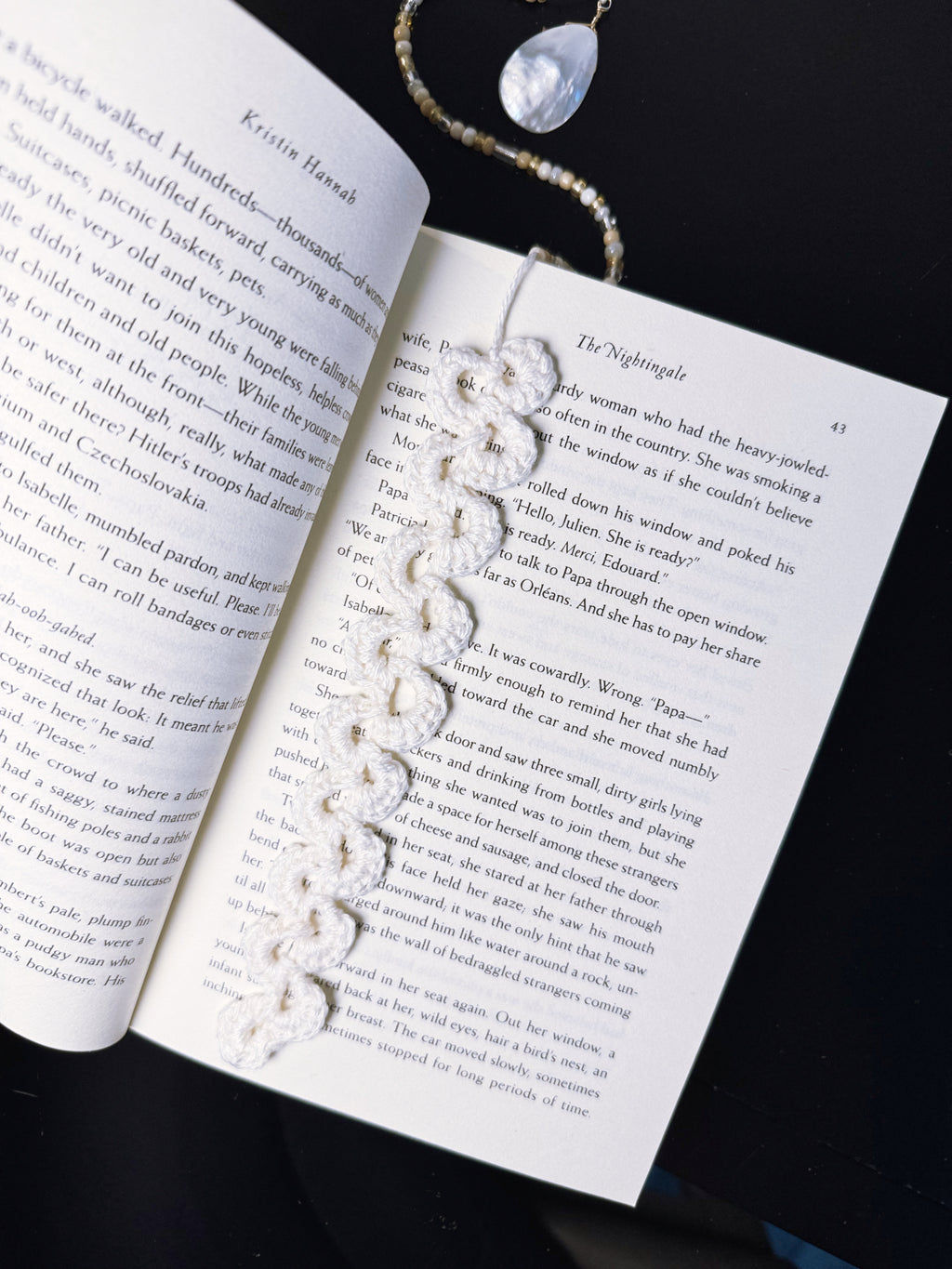 Ivory Scalloped Seashell Handmade Crochet Bookmark in Book for Size Reference