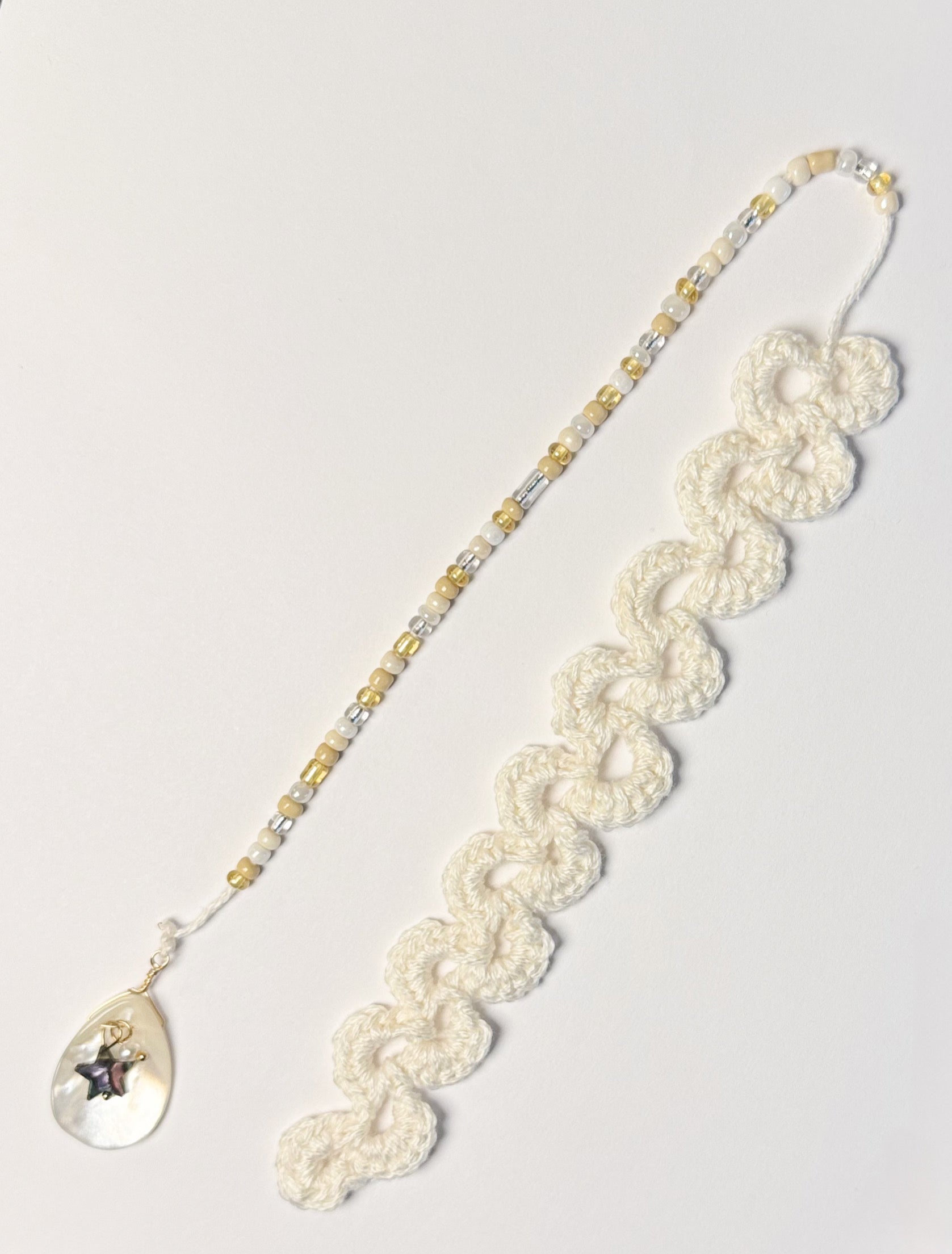 Ivory Seashell Scalloped Bookmark with Beaded Chain and Seashell Charm