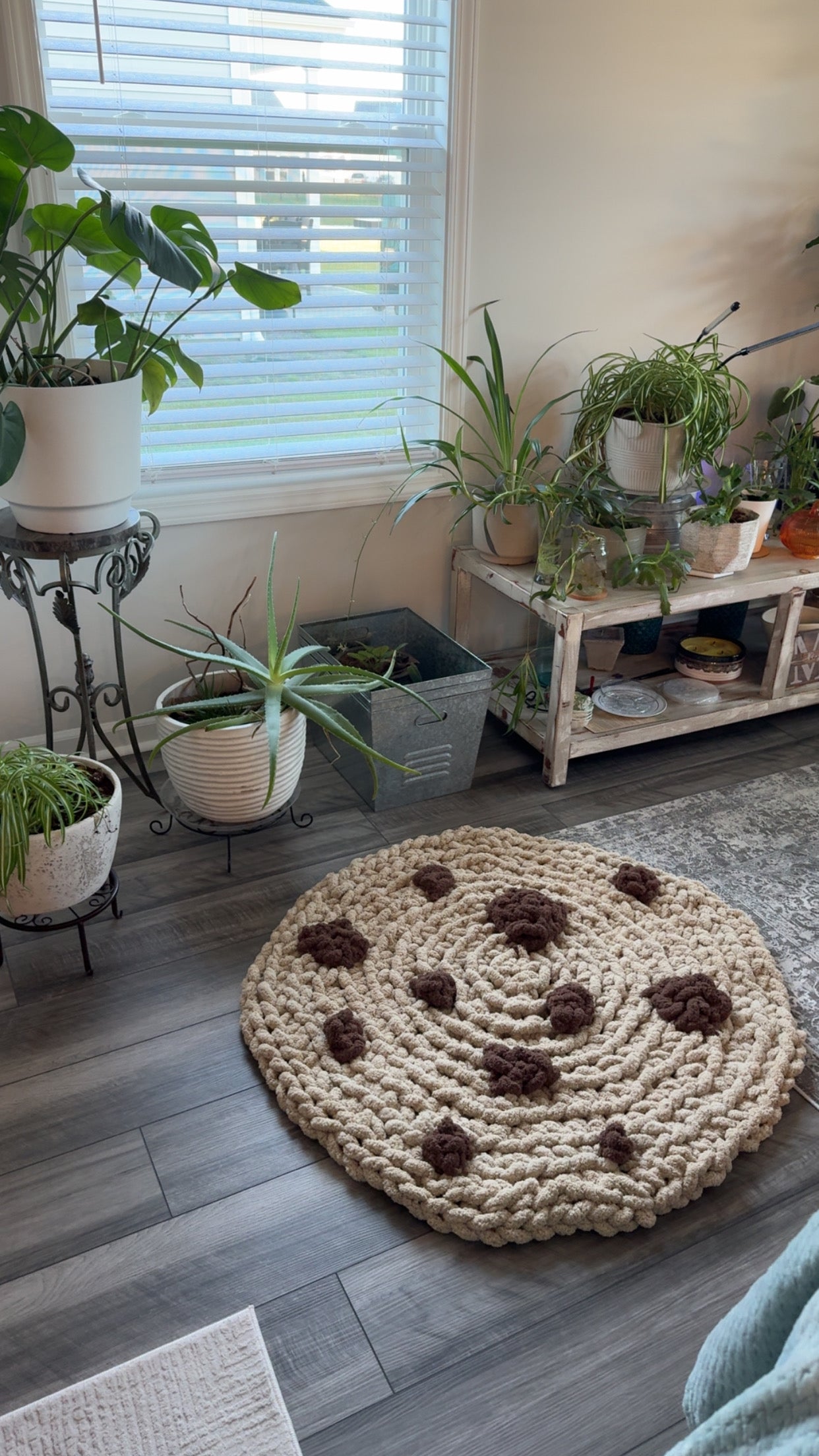 Large Chunky Knit Crochet Chocolate Chip Cookie Pet Bed Gift Custom Handmade Pattern Round Flat Bed