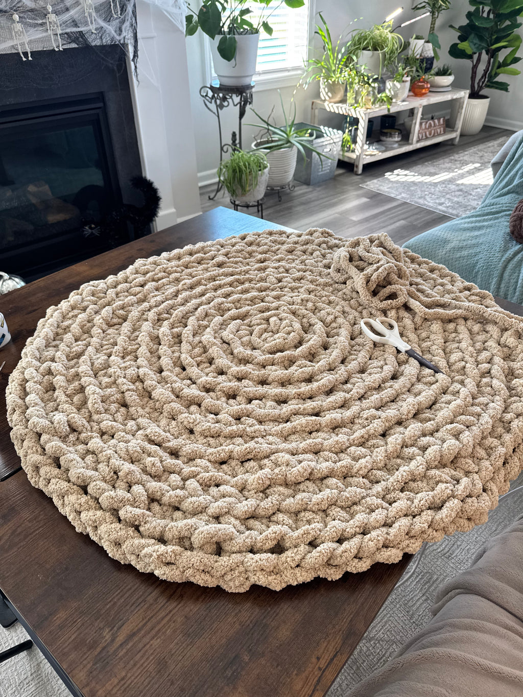 Large Flat Round Chunky Knit Crochet Pet Bed Beige No Walls No Insert Gift Custom Handmade