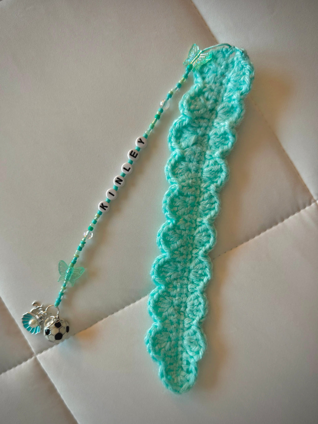 Light Teal Turquoise Handmade Crochet Custom Bookmark Kinley with Soccer Charm