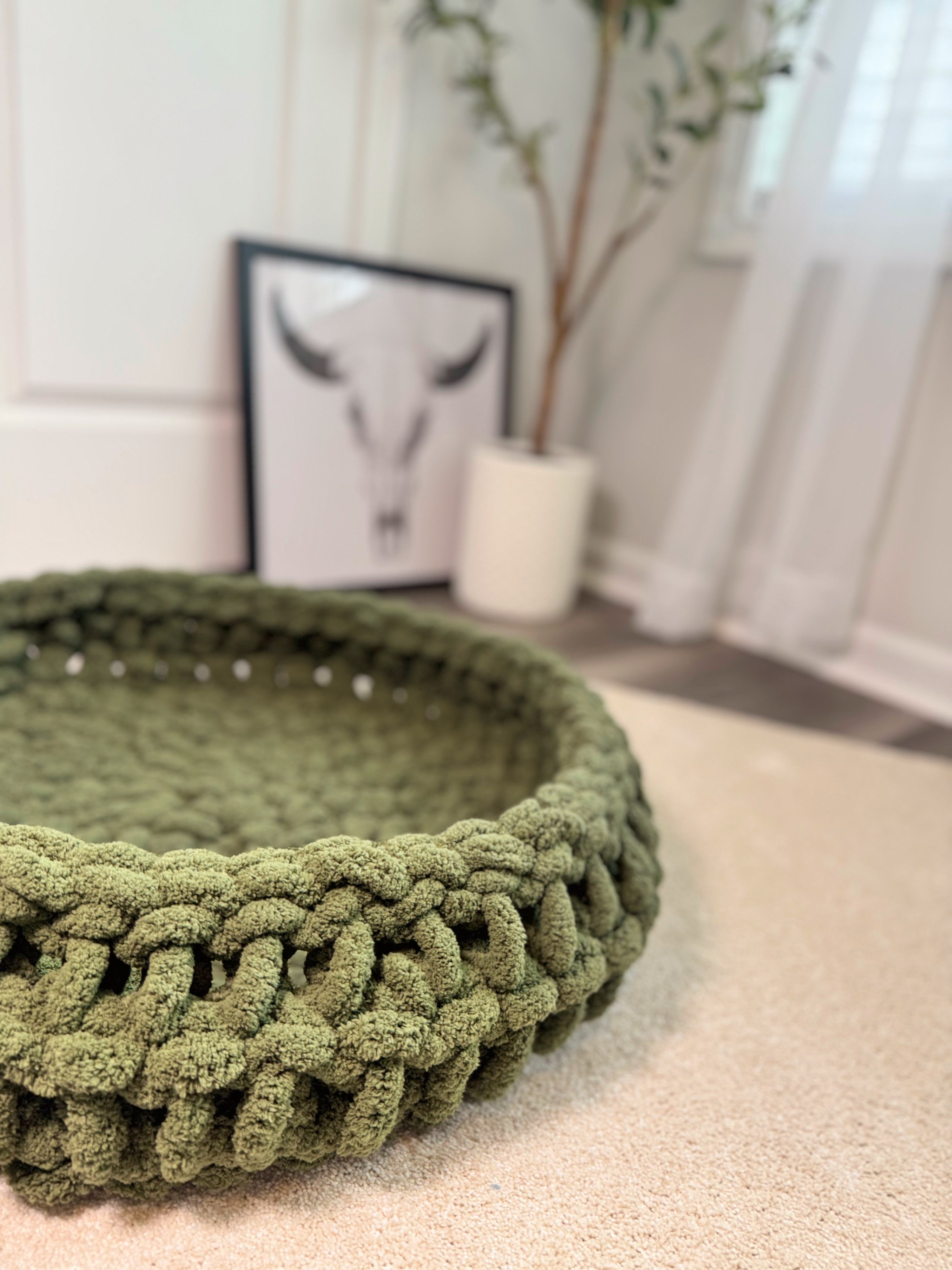 Olive Green Chunky Knit Crochet Dog Bed Up Close Design