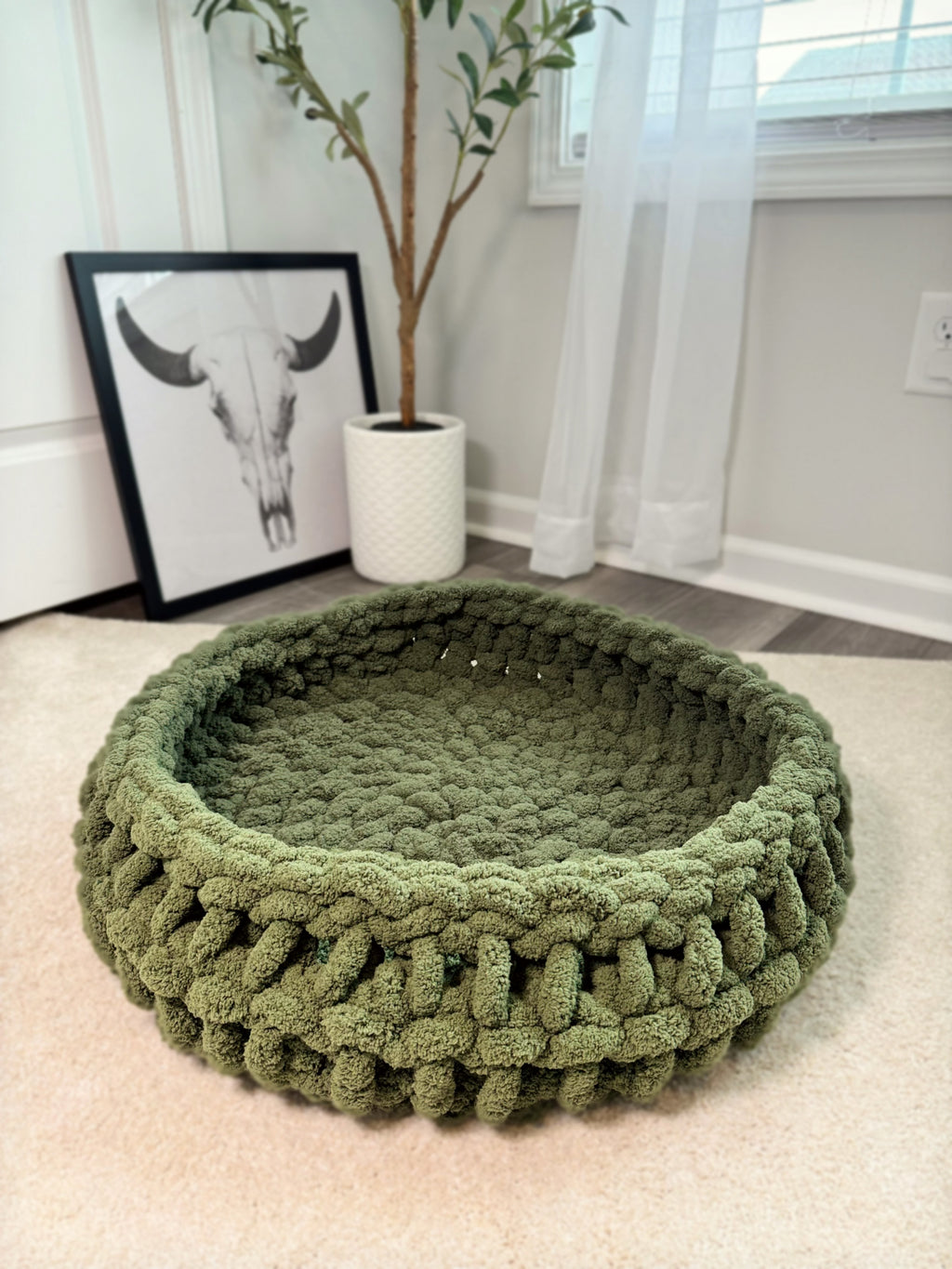 Olive Green Chunky Yarn Round Pattern Pet Bed Handmade Crochet Chunky Knit No Insert