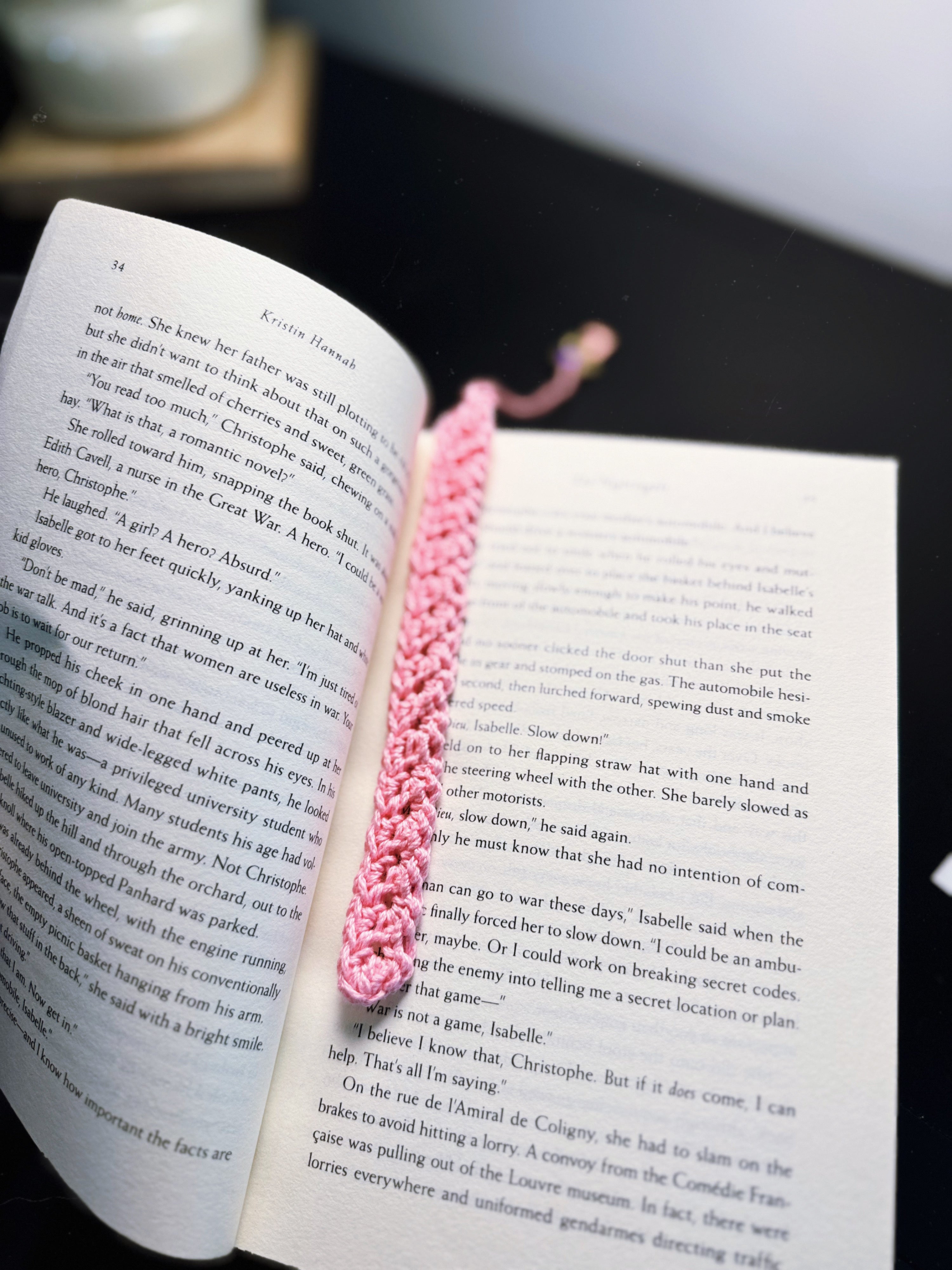 Pink Handmade Crochet Bookmark in Book for Size Reference