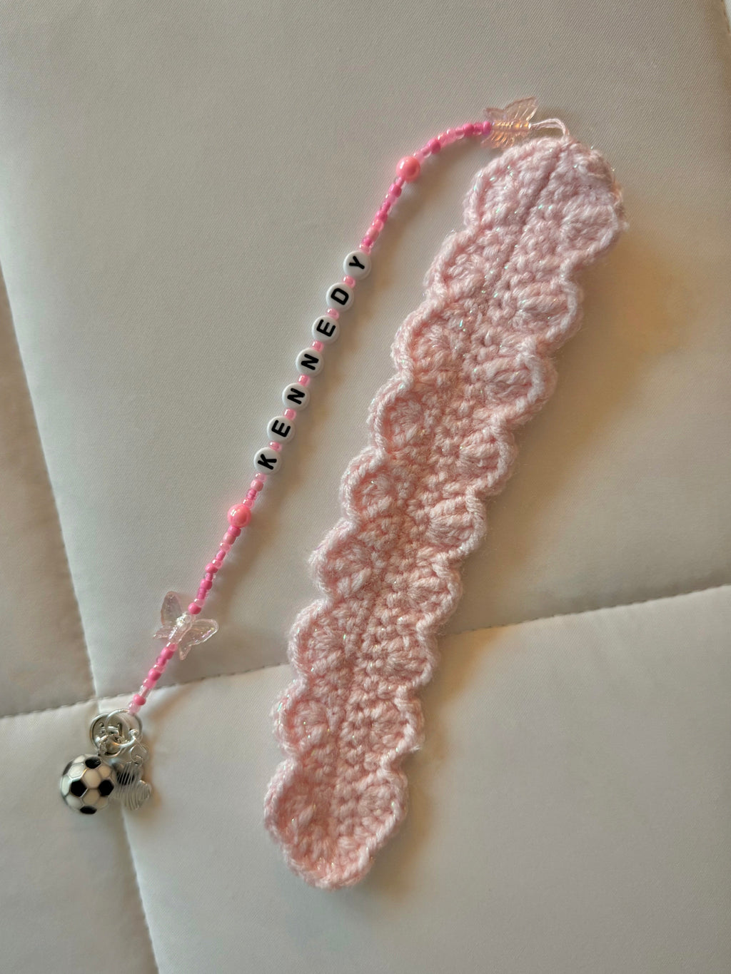 Pink Handmade Crochet Custom Bookmark Kennedy with Soccer Charm and Glass Beaded Chain