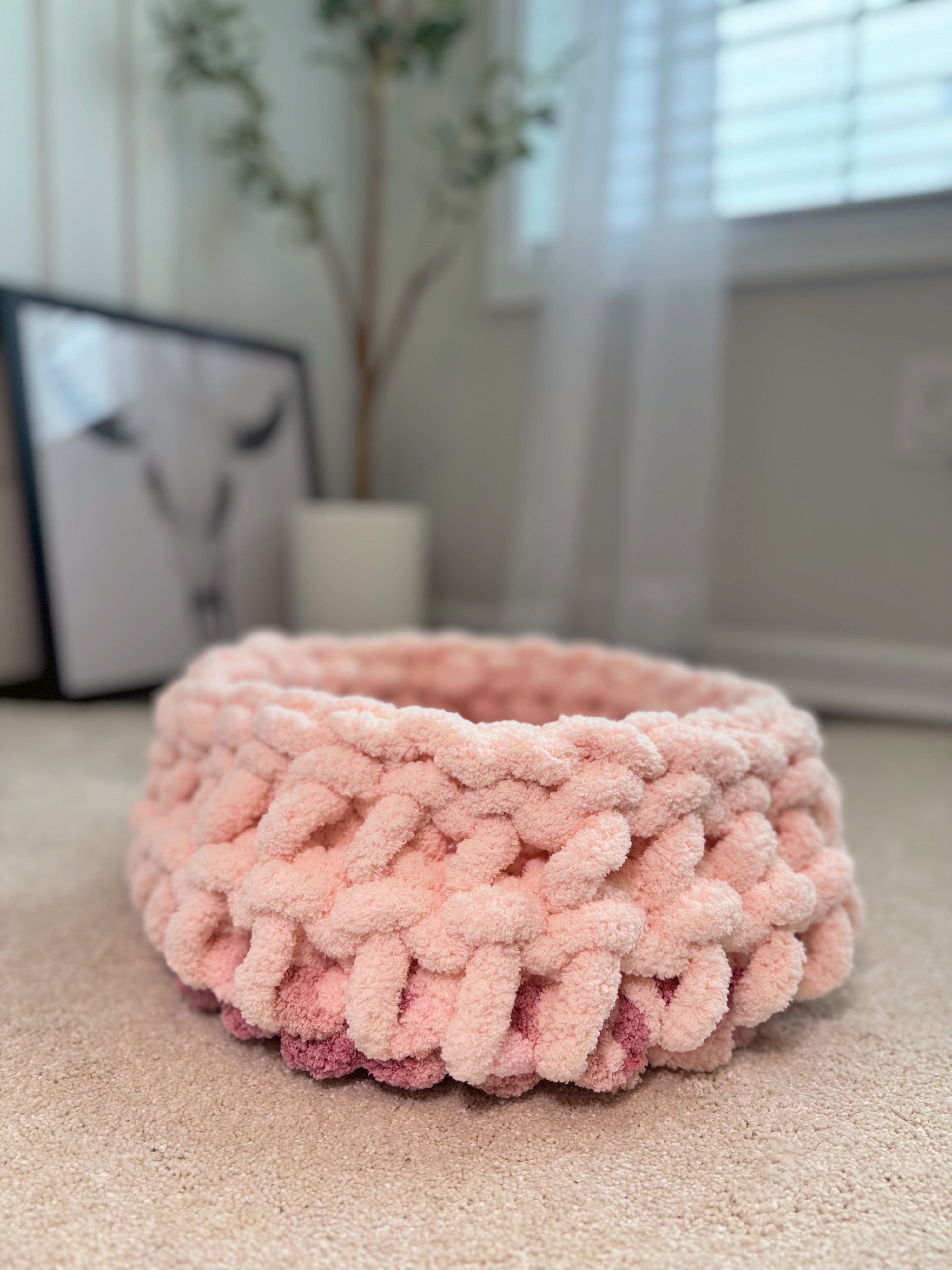 Pink Round Chunky Yarn Knit Crochet Pet Bed for Dog or Cat Pattern with Soft Yarn Handmade Custom Gift