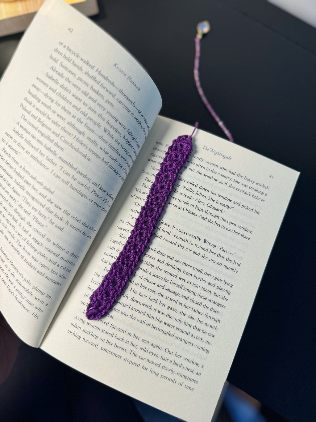 Purple Crochet Handmade Bookmark in Book for Size Reference