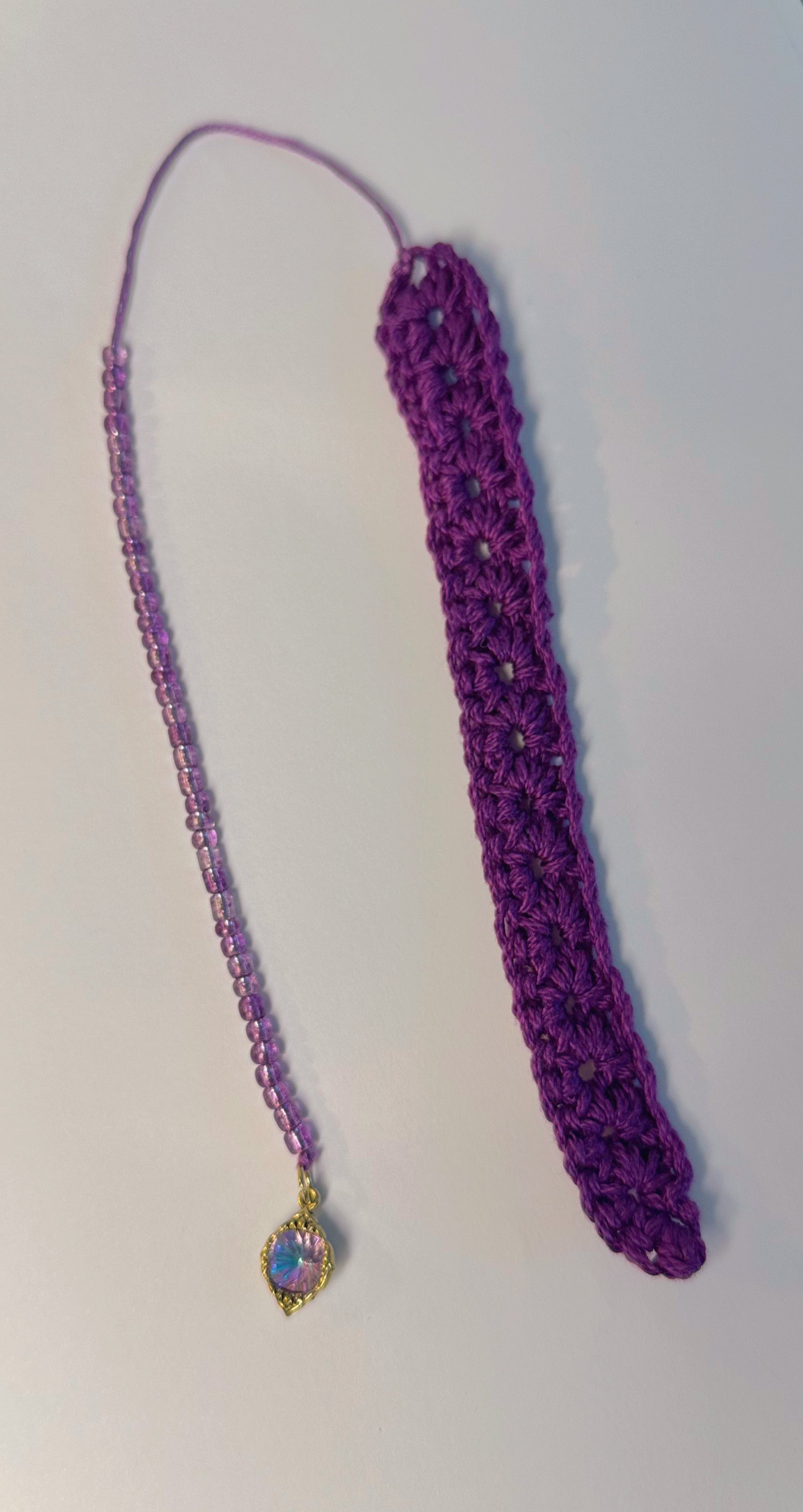 Purple Crochet Handmade Bookmark with Glass Beaded Chain and Purple Gem Pendant