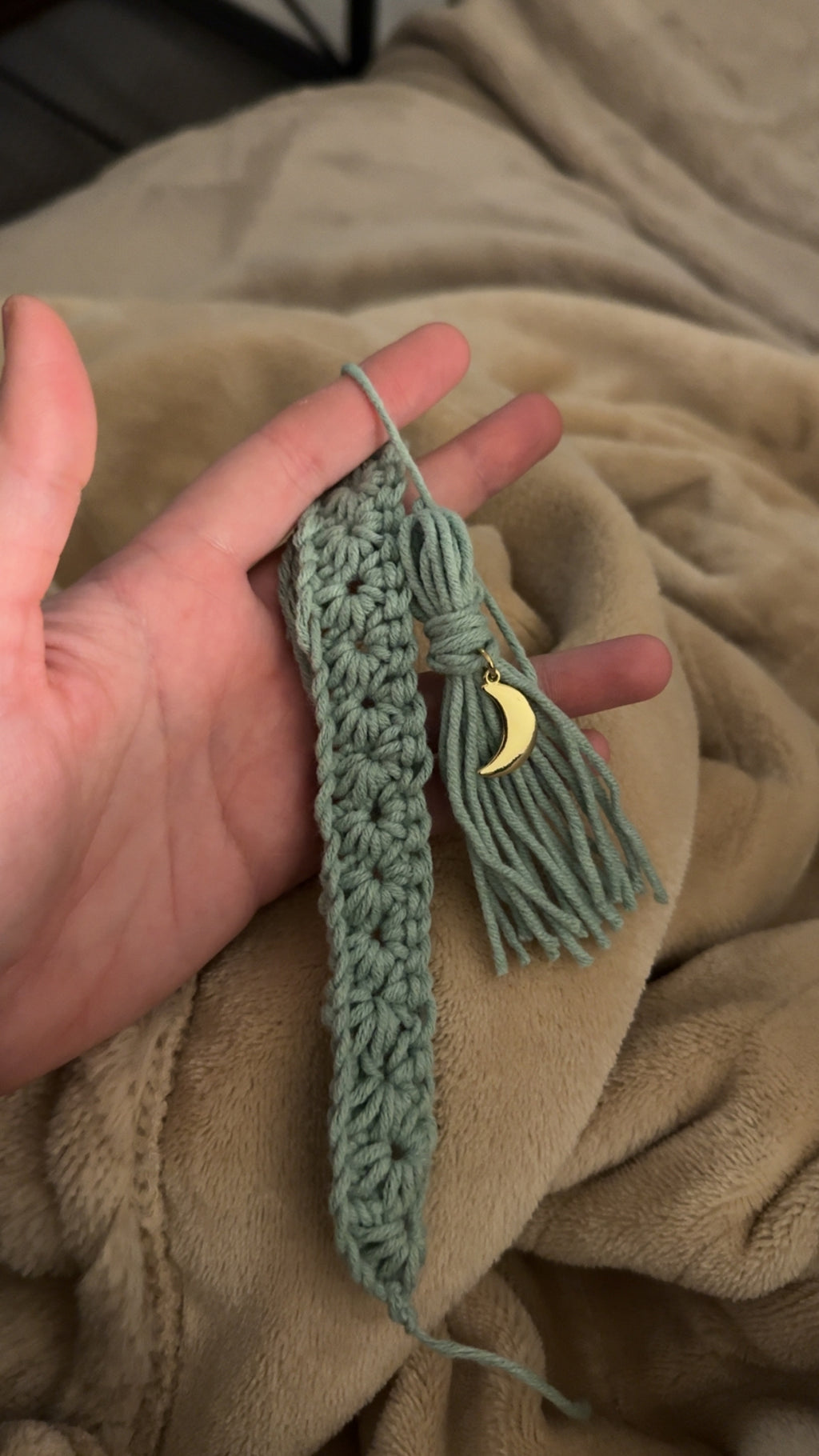 Sage Green Handmade Crochet Bookmark with Tassle and Moon Charm