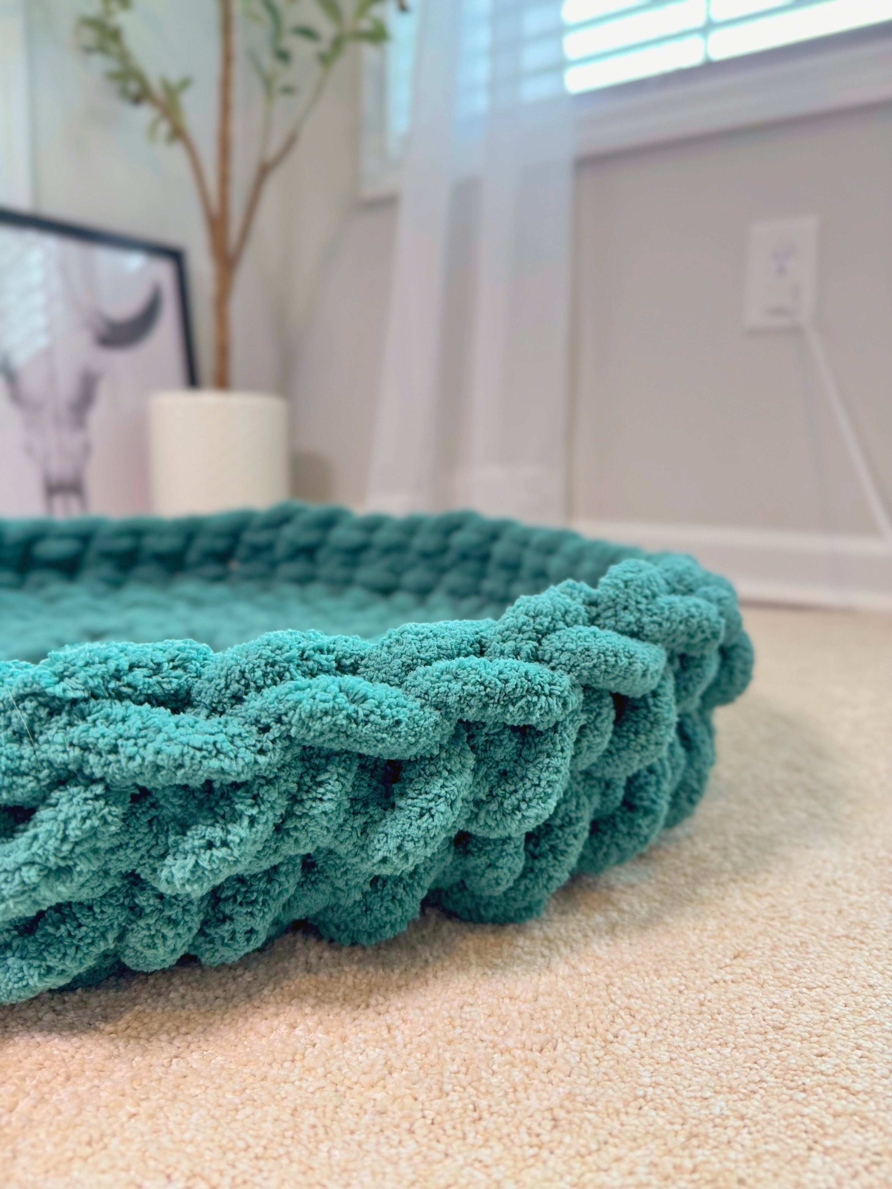 Teal Green Blue Round Crochet Chunky Yarn Knit Pet Bed Low Walls No Insert Handmade Custom Gift