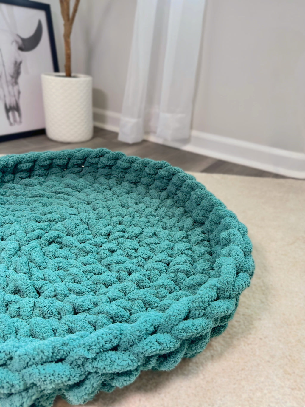 Teal Green Blue Round Crochet Chunky Yarn Knit Pet Bed Low Walls No Insert Custom