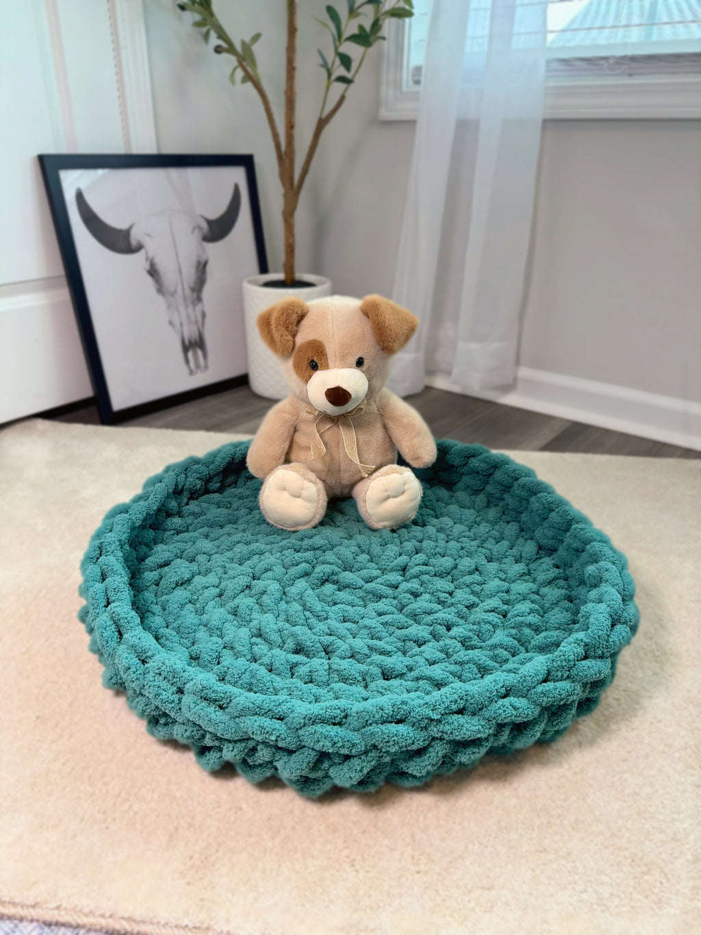 Teal Green Blue Round Crochet Chunky Yarn Knit Pet Bed with Teddy Bear for Reference Low Walls No Insert Handmade Custom Gift