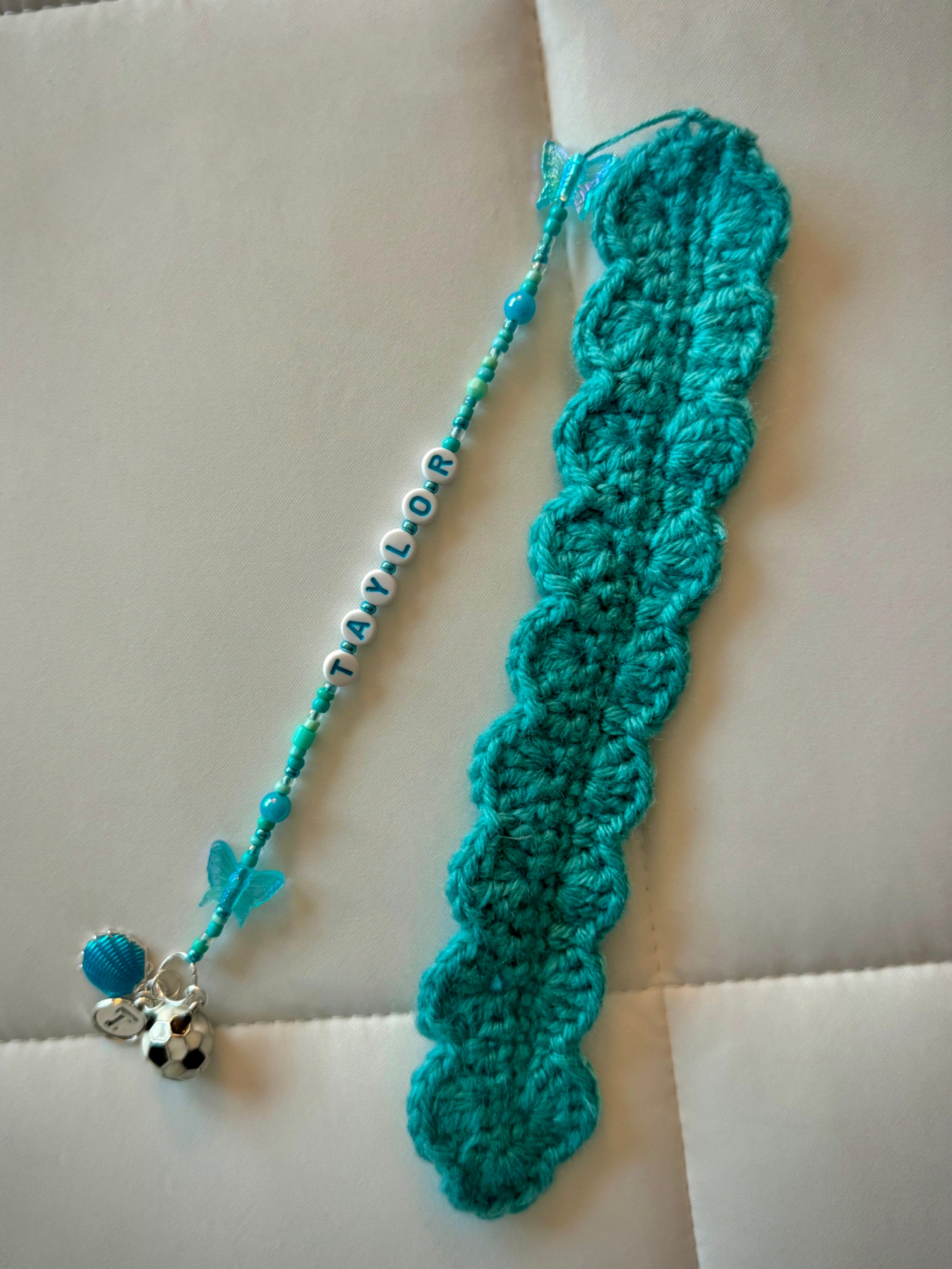 Teal Custom Handmade Taylor Bookmark with Soccer Charm and Beaded Chain