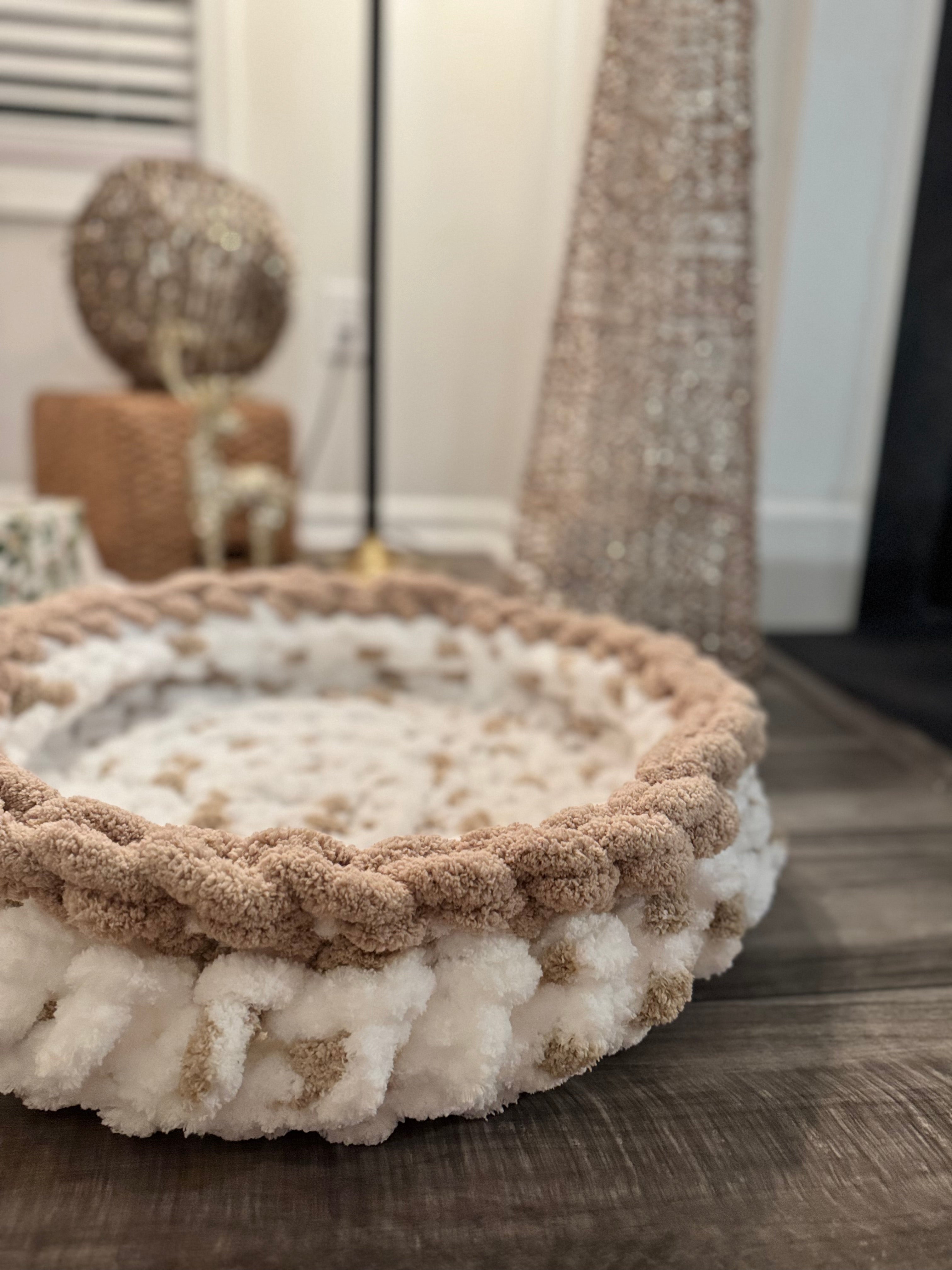 White and Khaki Chunky Yarn Handmade Crochet Pet Bed Round Gift No Insert