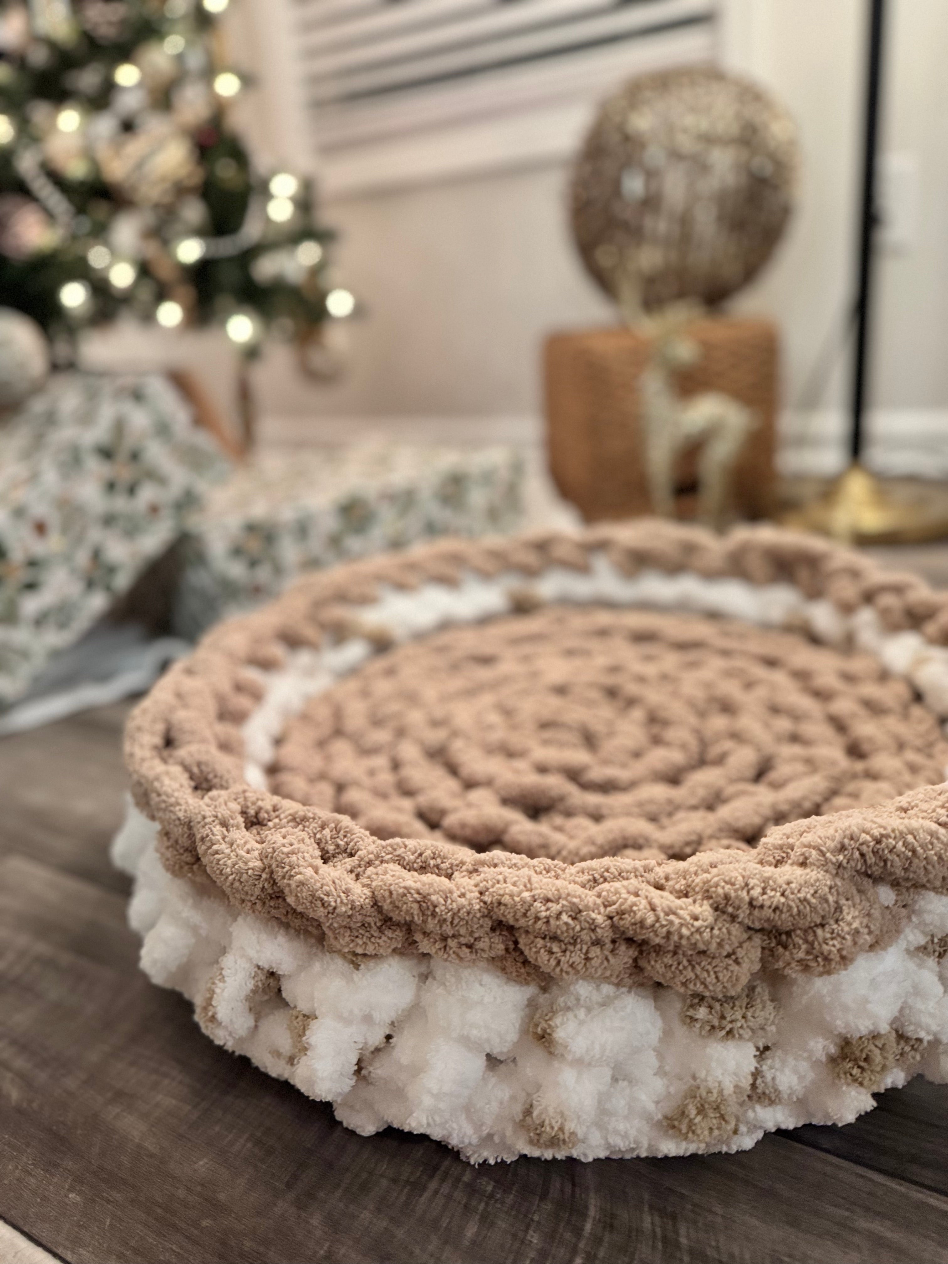 White and Khaki Chunky Yarn Crochet Pet Bed Round with Solid Color Removable Insert Handmade Pet Gift