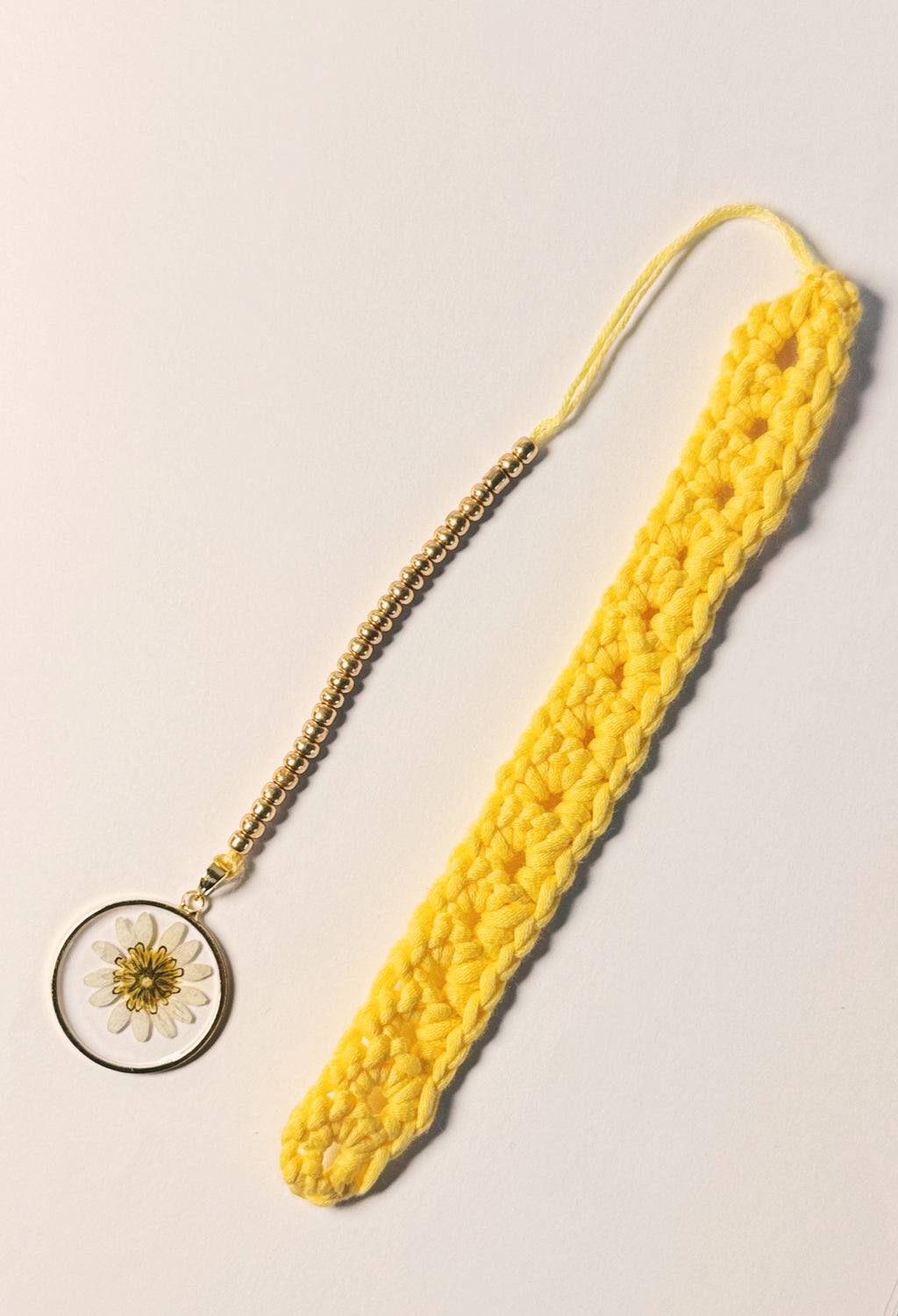 Handmade Crochet Yellow Bookmark with Pressed Flower Charm